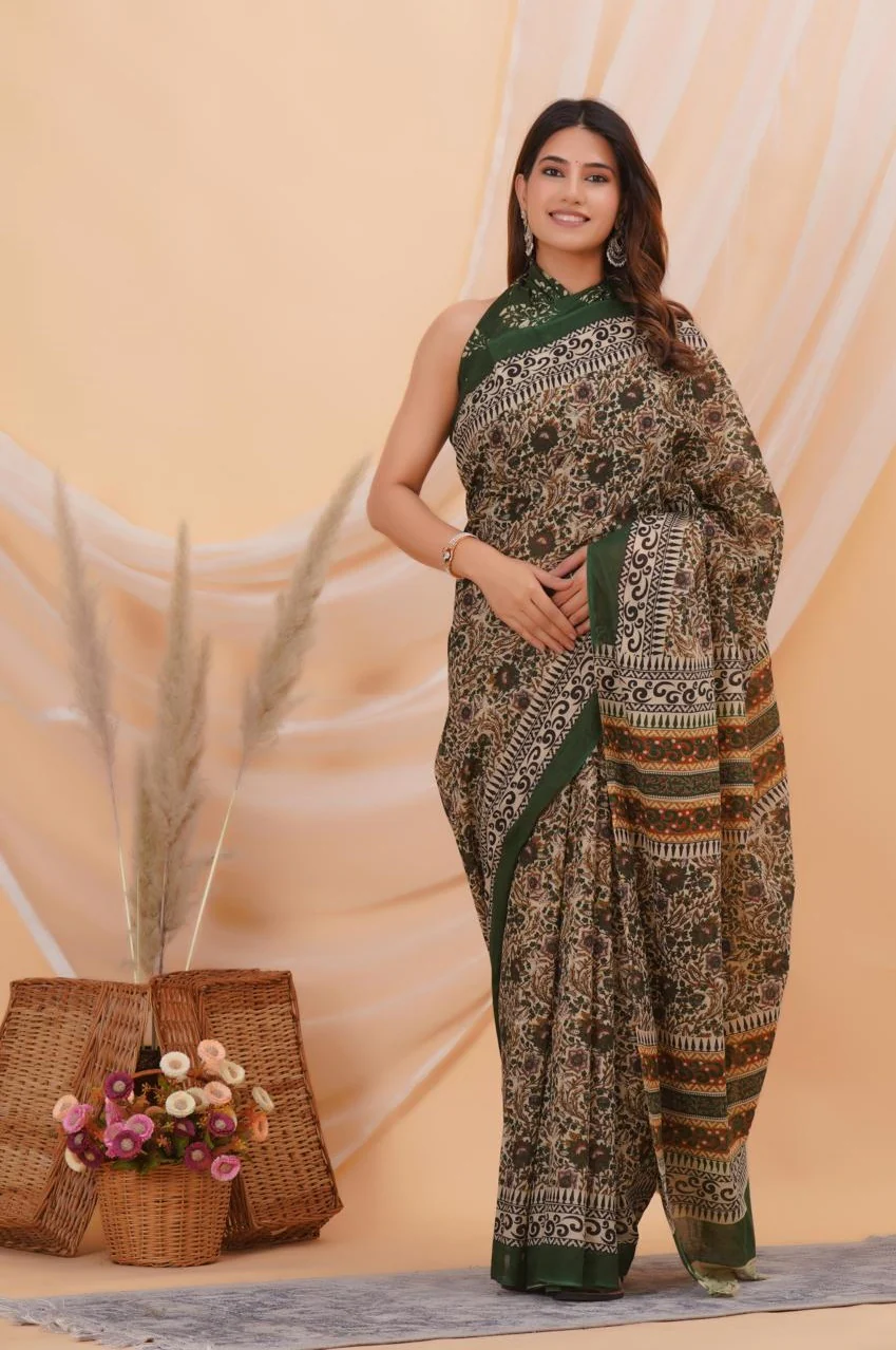 Mulmul Cotton Kalamkari Hand Block with Contrast Border Ready To Wear Saree