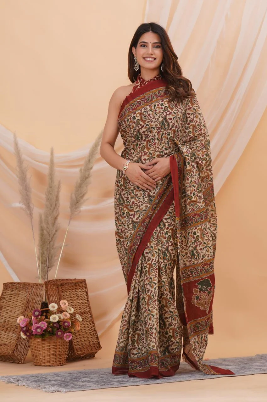 Mulmul Cotton Kalamkari Hand Block with Contrast Border Ready To Wear Saree