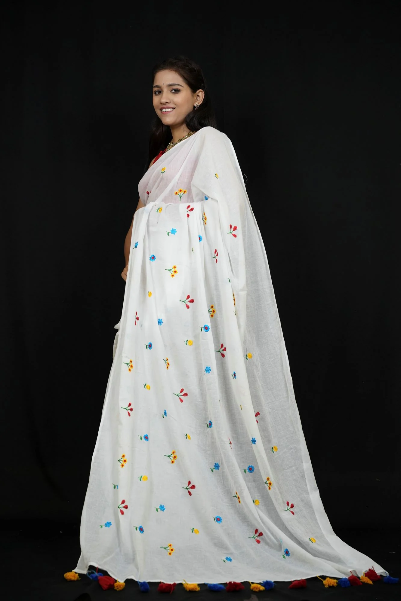 Mulmul Cotton with Embroidery Ready to wear Saree - Image 6