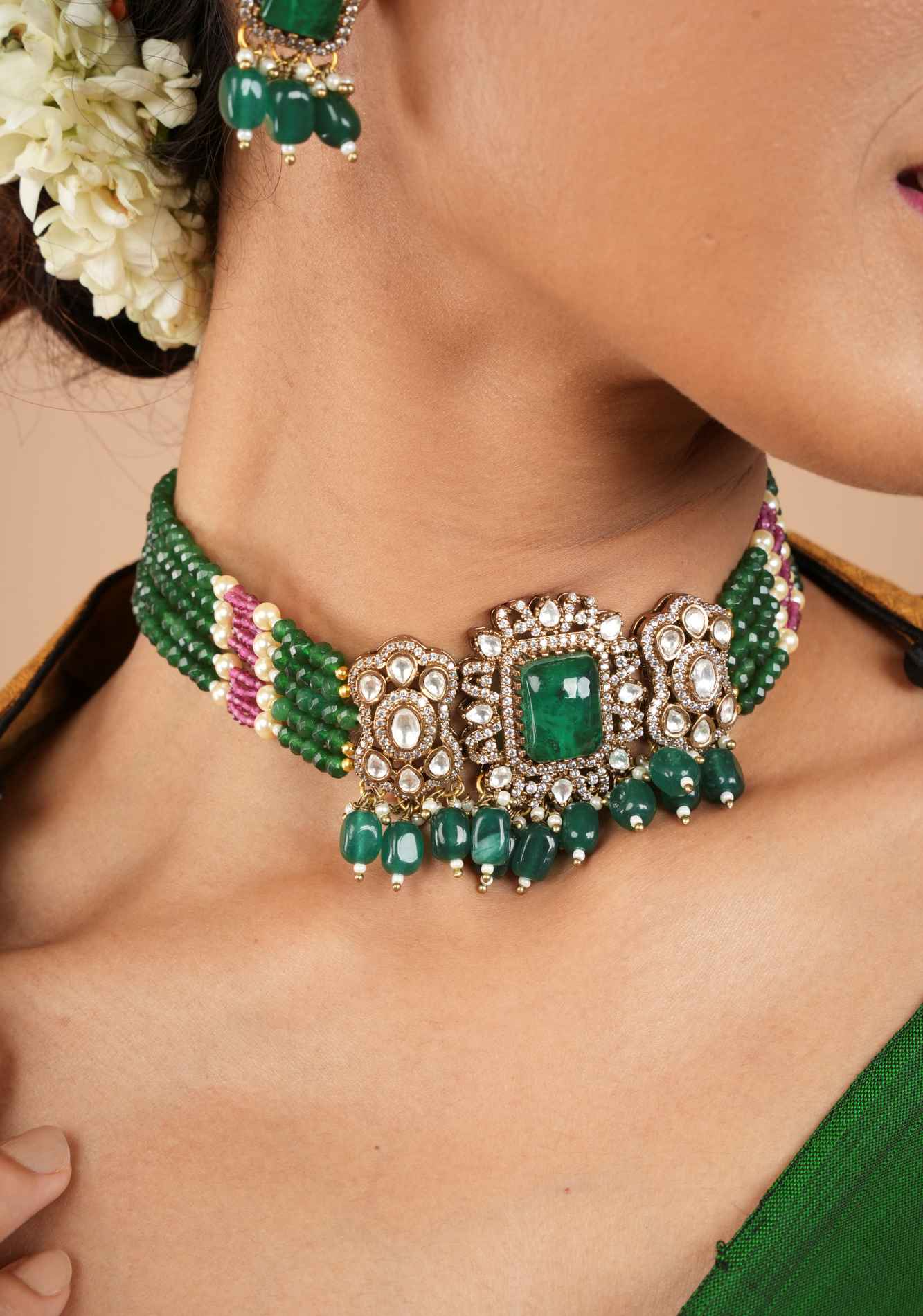 Multilayer Emerald Green Beads kundan Choker set with dangling Green Beads - Image 2