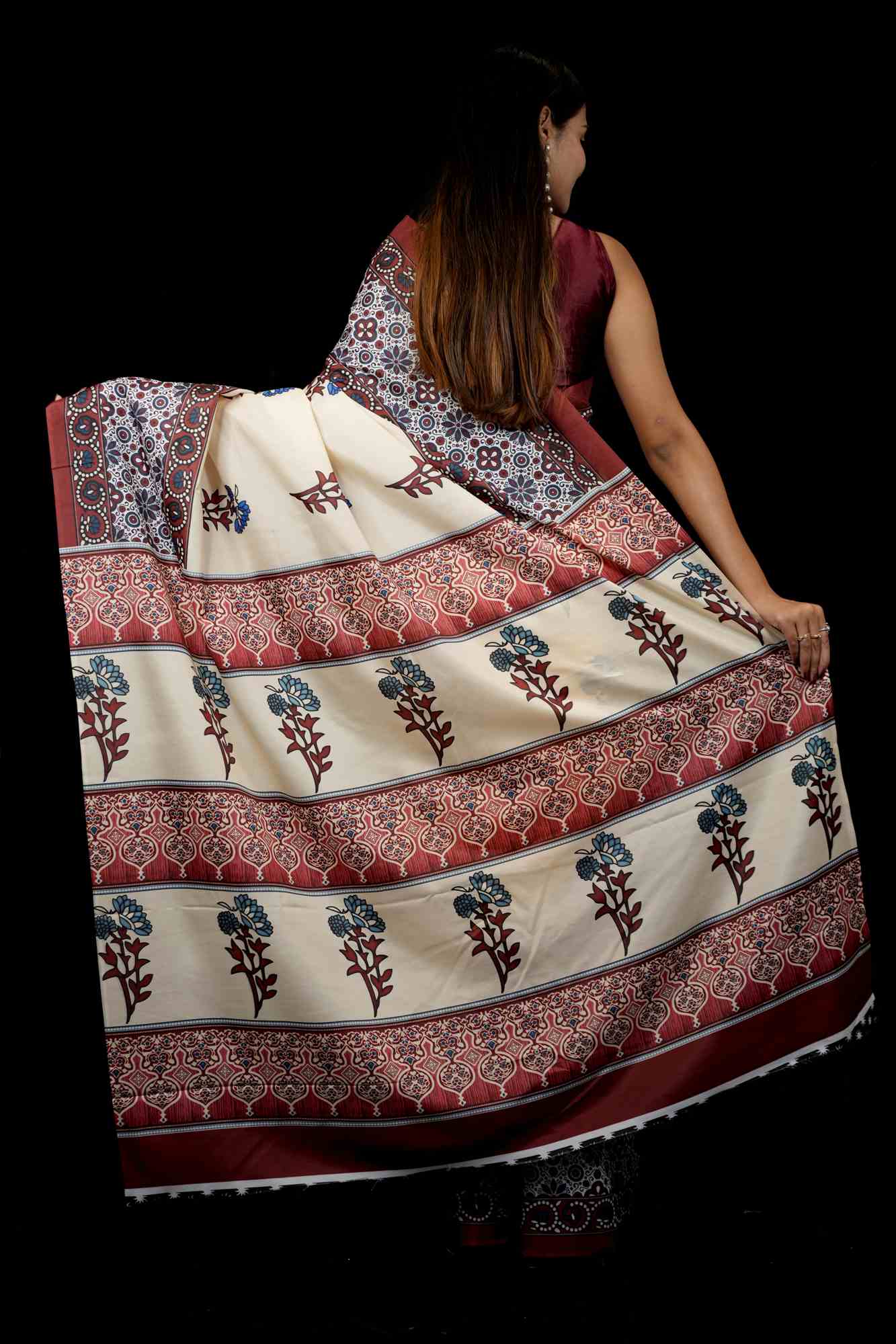 Ajrakh printed work wear prestitched ready to wear saree - Image 3