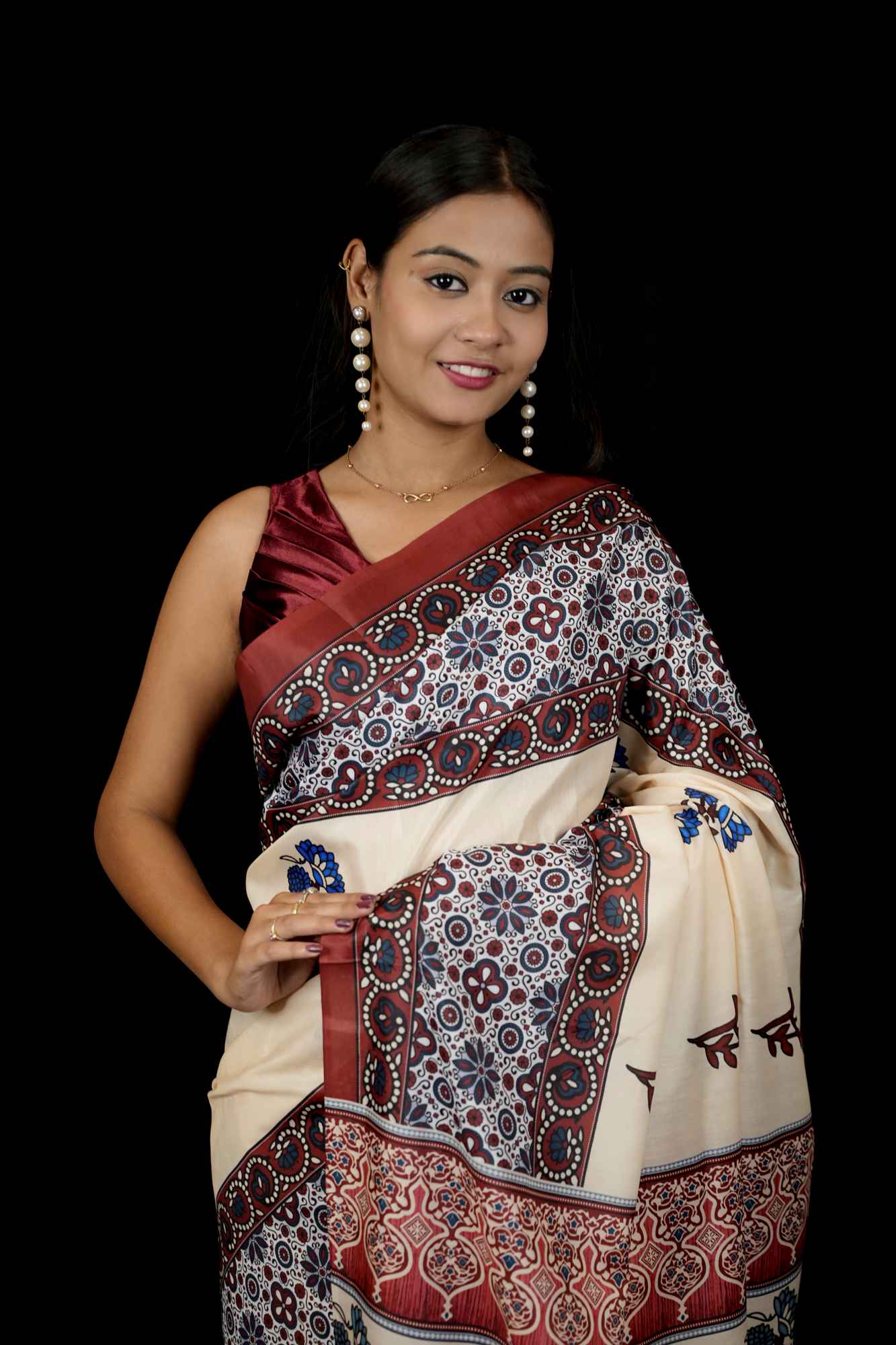 Ajrakh printed work wear prestitched ready to wear saree - Image 4