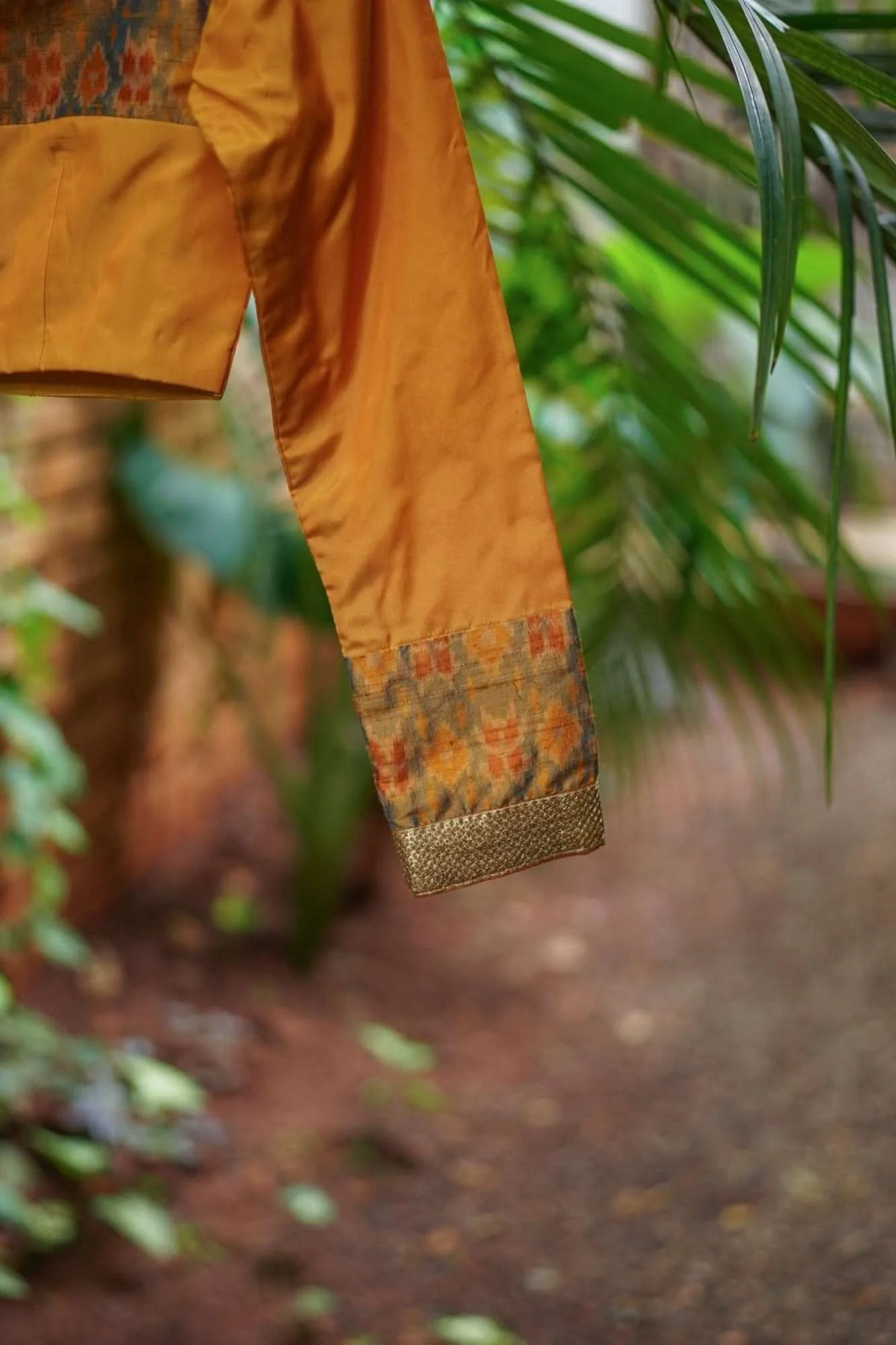 Mustard silk boatneck  blouse with pure rawsilk ikkat yoke, made to order - Image 5