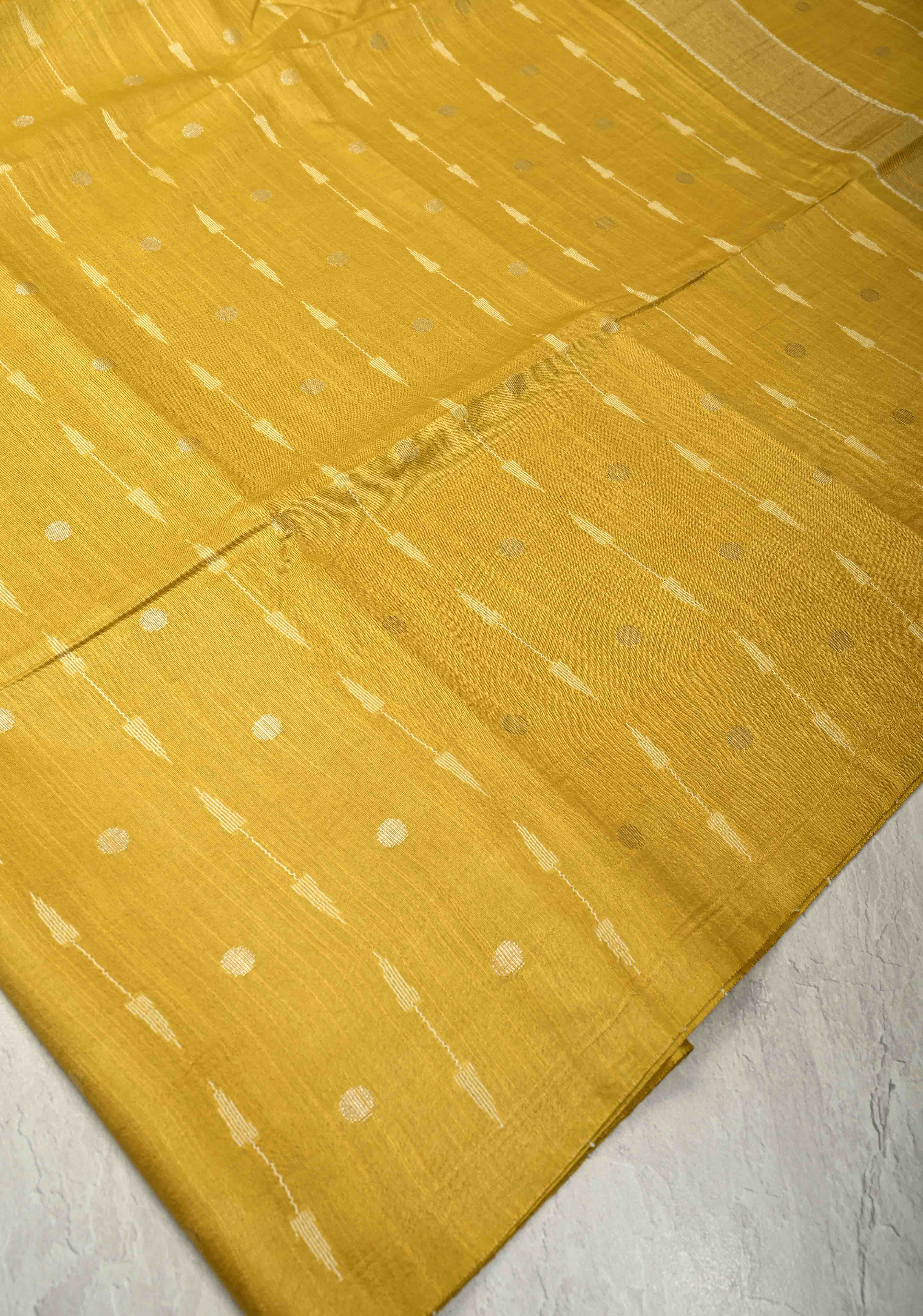 Mustard Yellow Borderless Semi Tussar Saree with Zari Polka Dots and Thread Stripes | Shobitam - Image 4