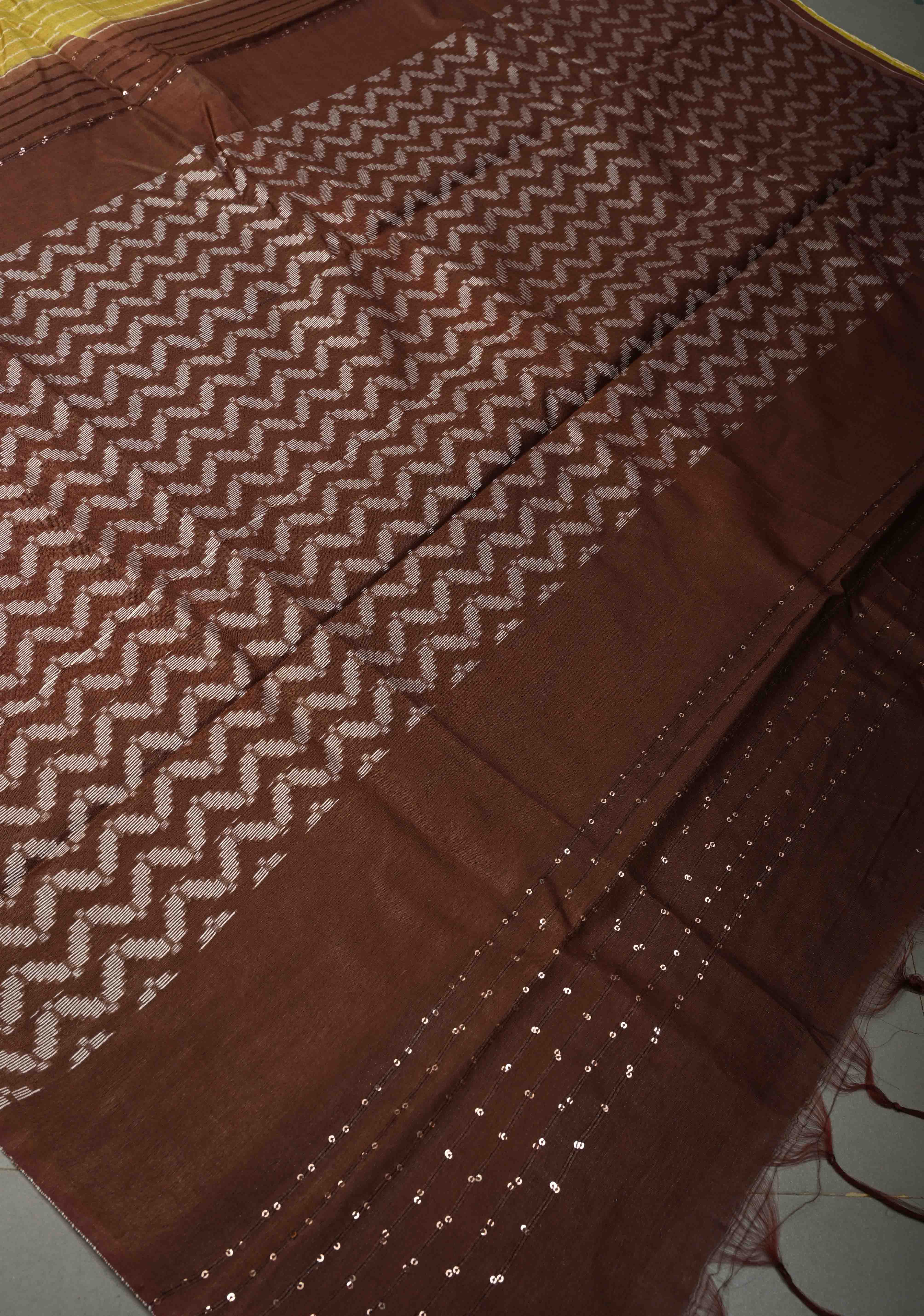 Mustard Yellow Borderless Semi Tussar Saree with Thread Horizontal Stripes and Contrast Pallu | Shobitam - Image 6