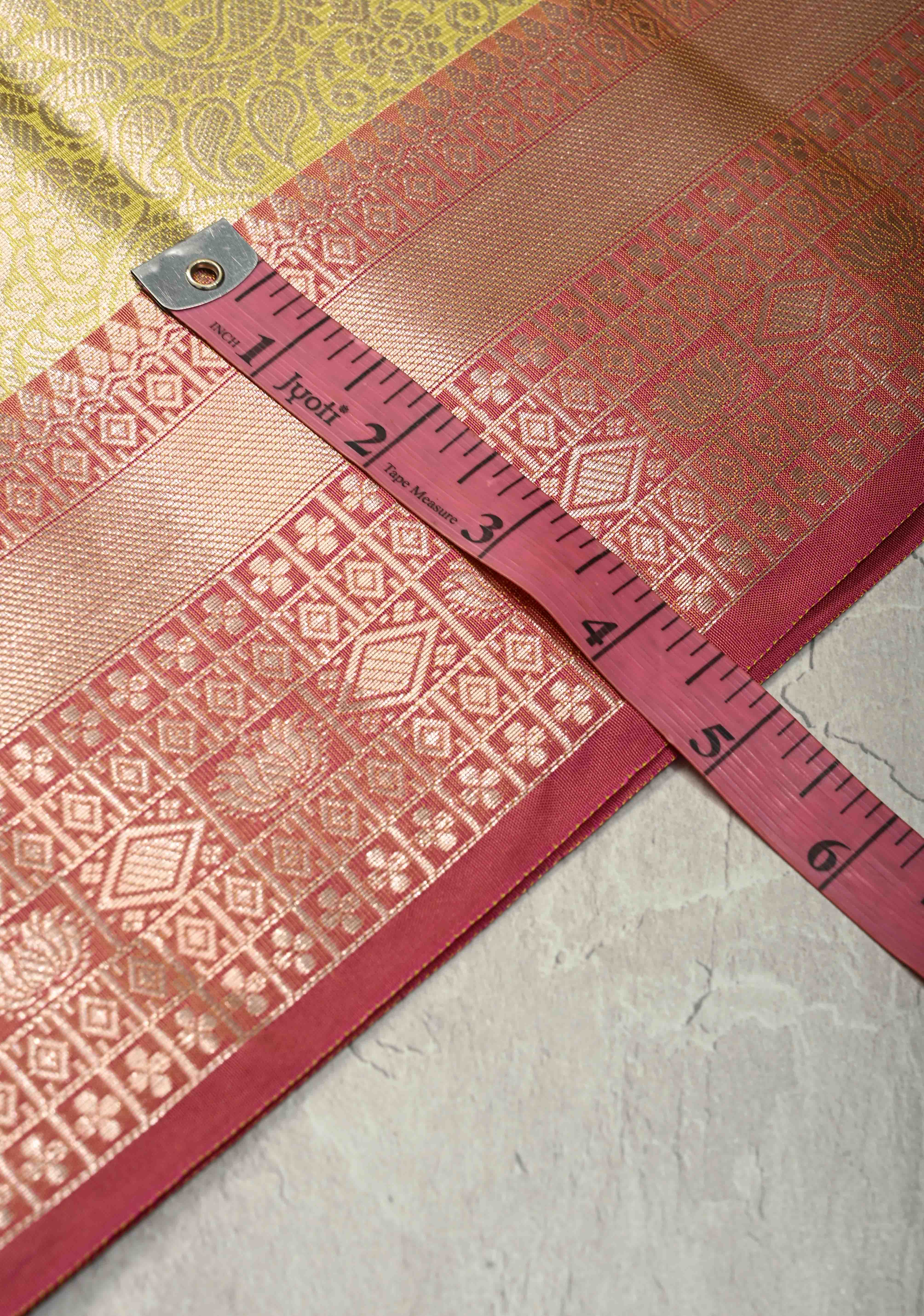 Mustard Yellow Kanjivaram Tissue Semi Silk Saree with Zari Buttas and Contrast Zari Border | Shobitam - Image 5