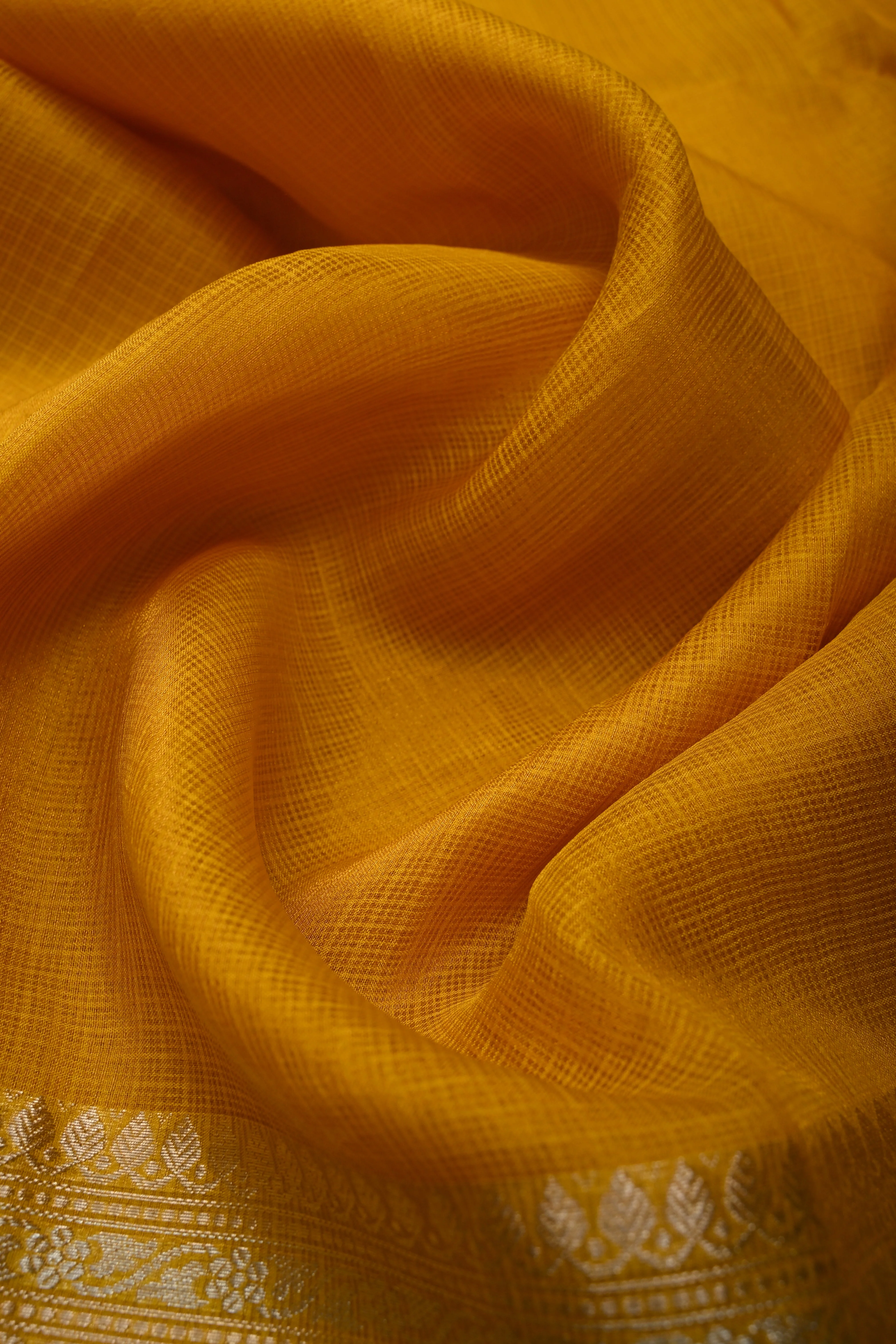 Mustard Yellow Kota Doria Tissue Cotton Saree with Sona Rupa Zari Border | Shobitam - Image 3