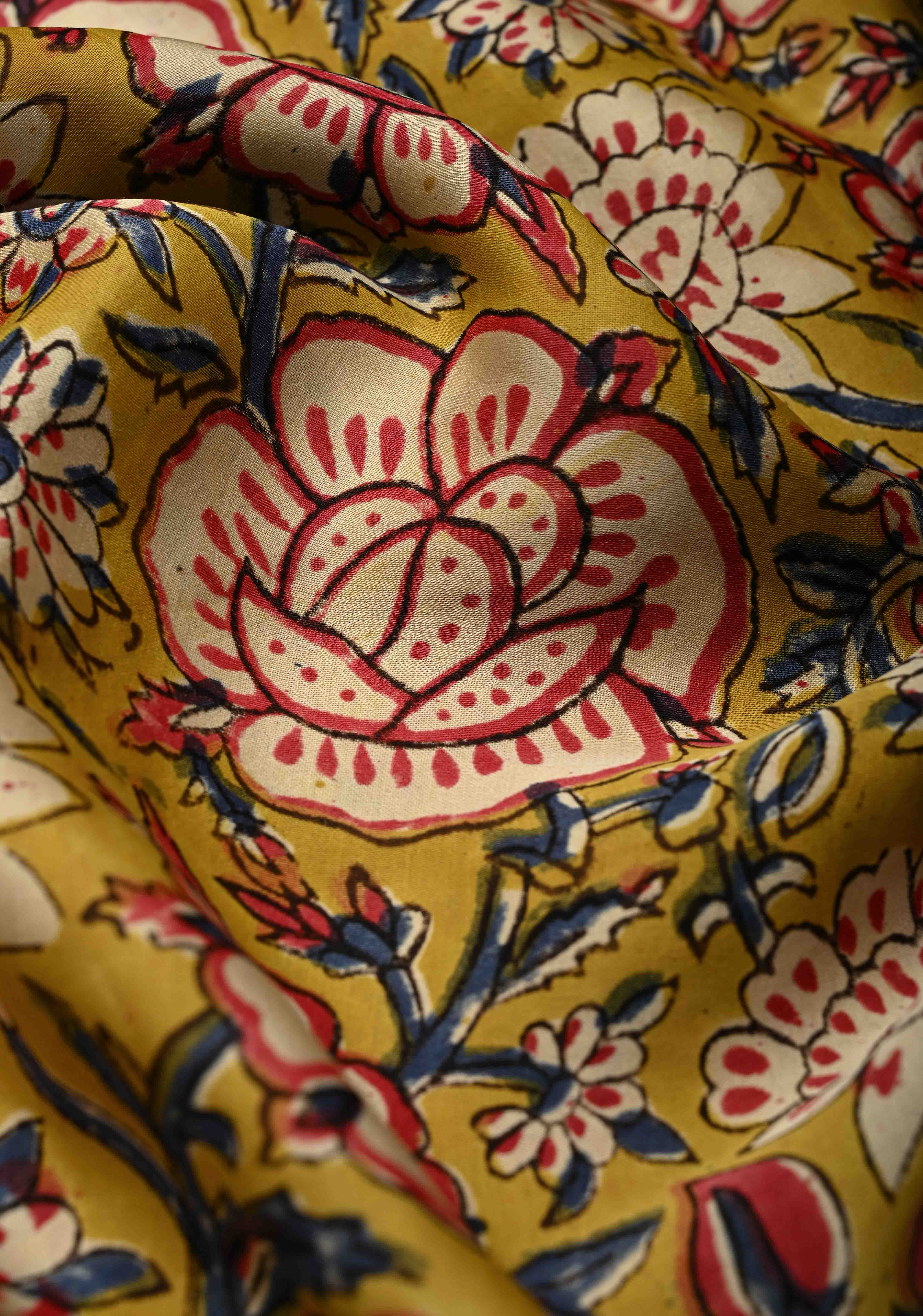 Mustard Yellow Modal Silk Saree with Sanganeri Block Print | Shobitam - Image 3