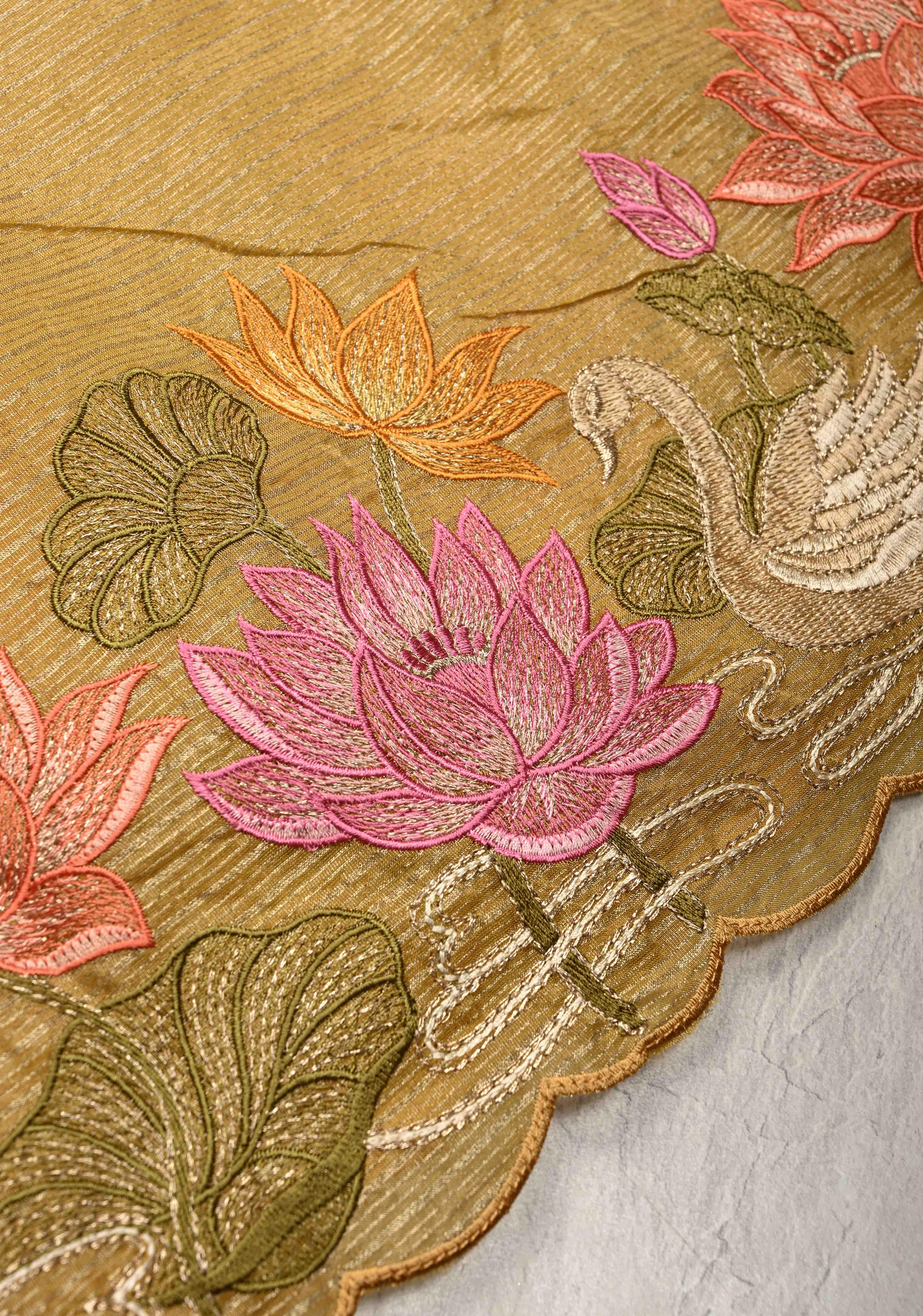 Mustard Yellow Vegan Viscose Tissue Stripes Saree with Meenakari Embroidery Scallop Border | Shobitam - Image 5