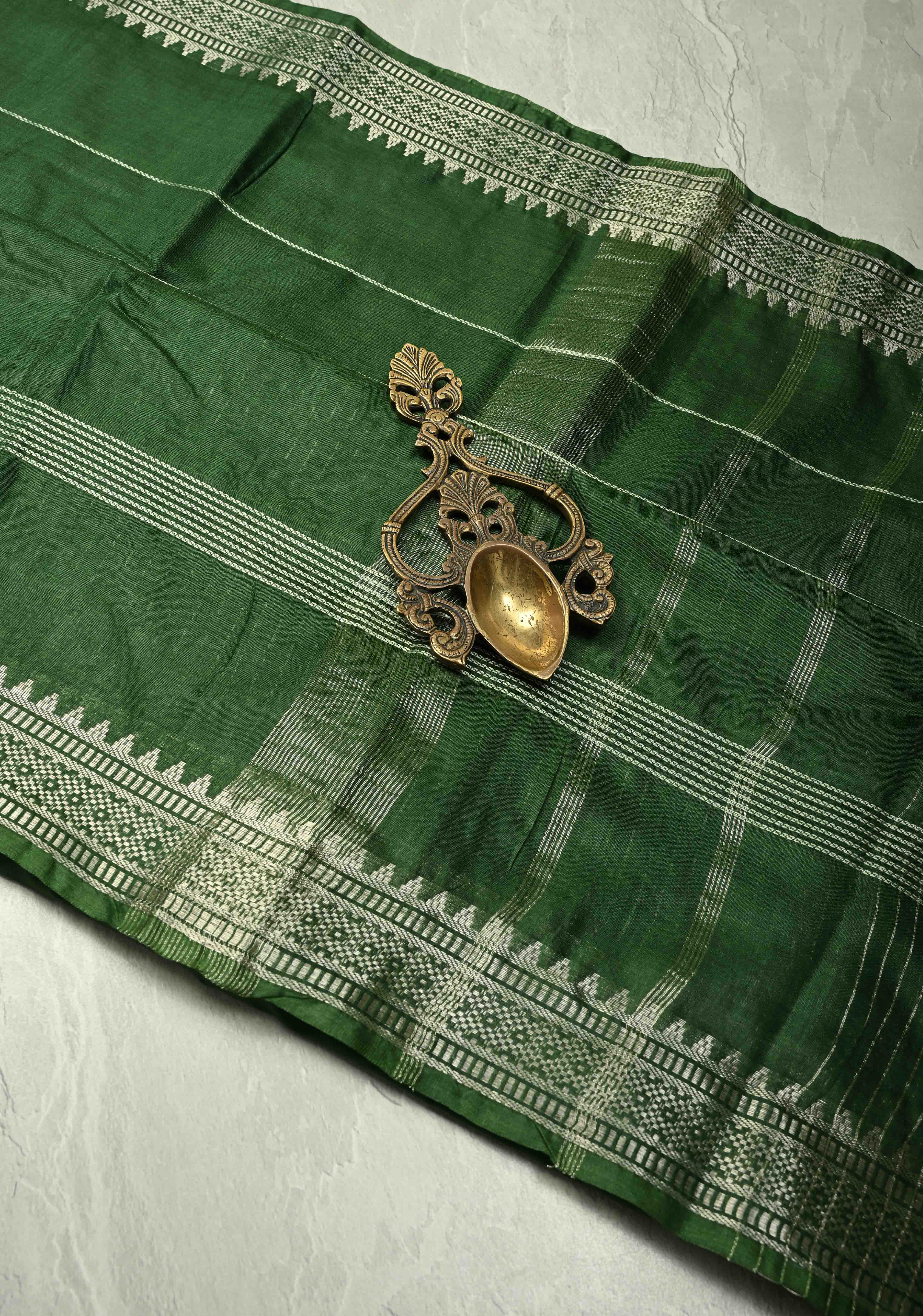 Myrtle Green Semi Tussar Saree with Thread Stripes and Temple Zari Border | Shobitam - Image 2