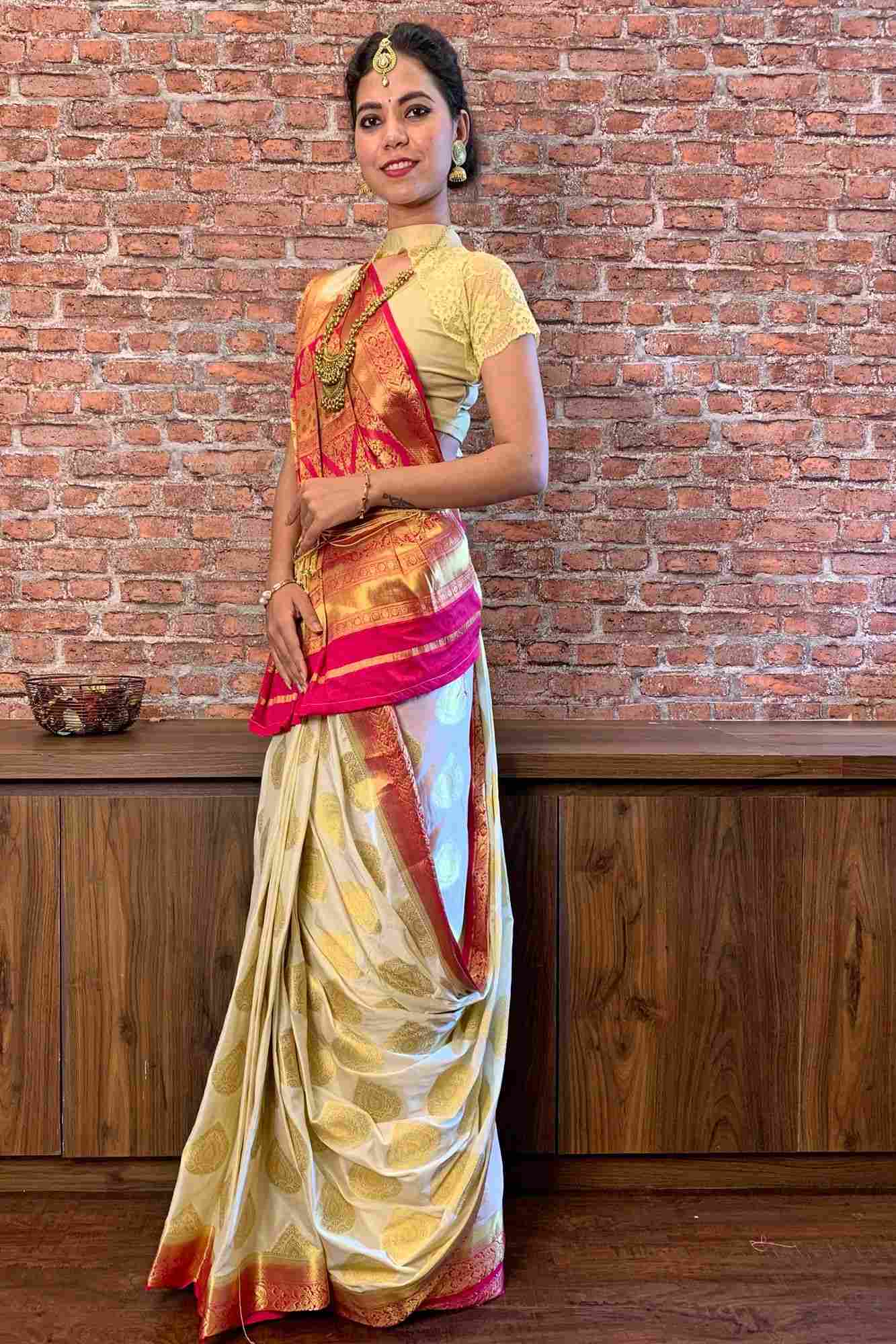 Mysore silk crepe with woven zari butis wrap in 1 minute saree - Image 4