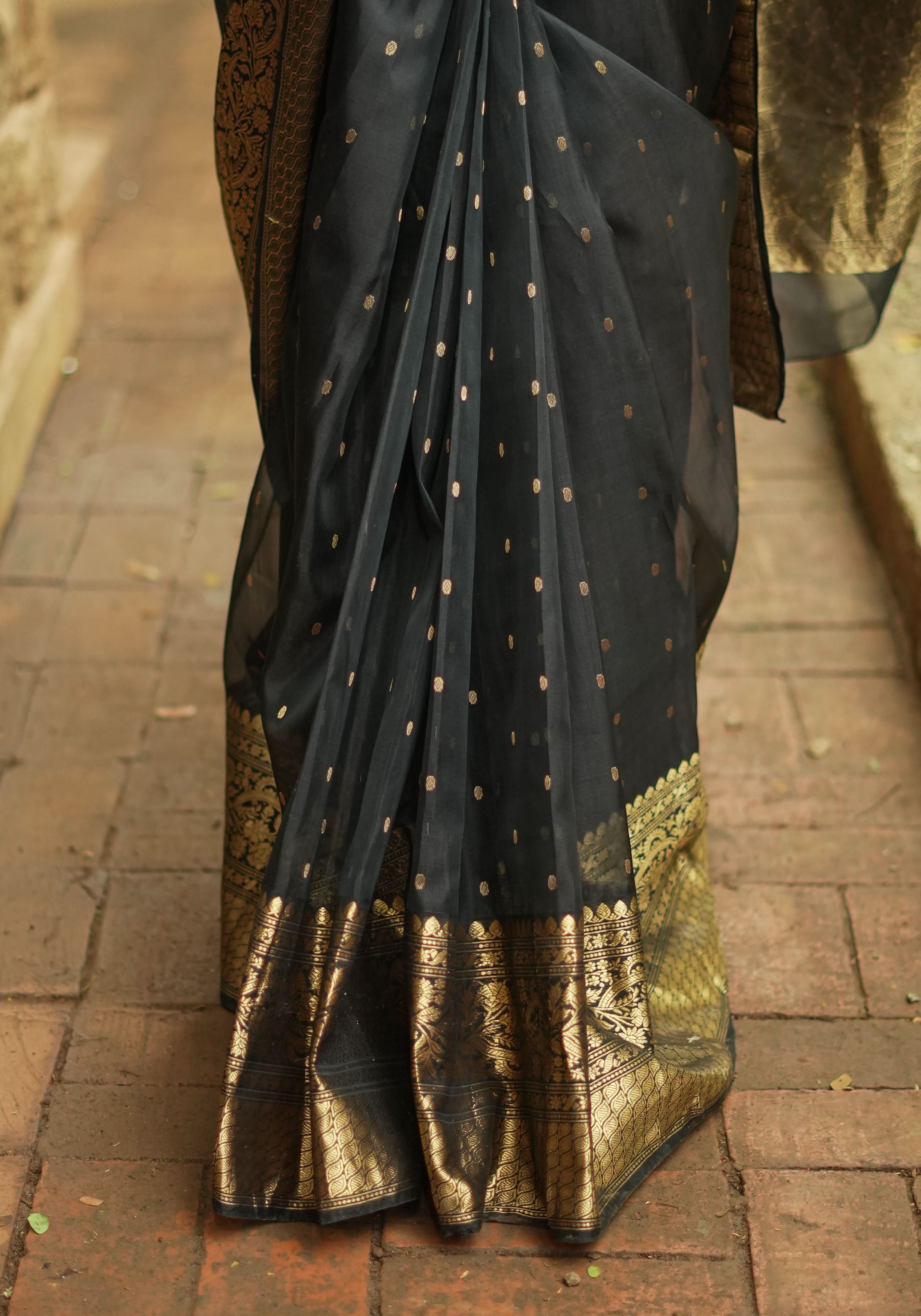 Celebrity Chanderi Silk Saree in Black with Zari chunri Butis and wide zari border | Shobitam - Image 11