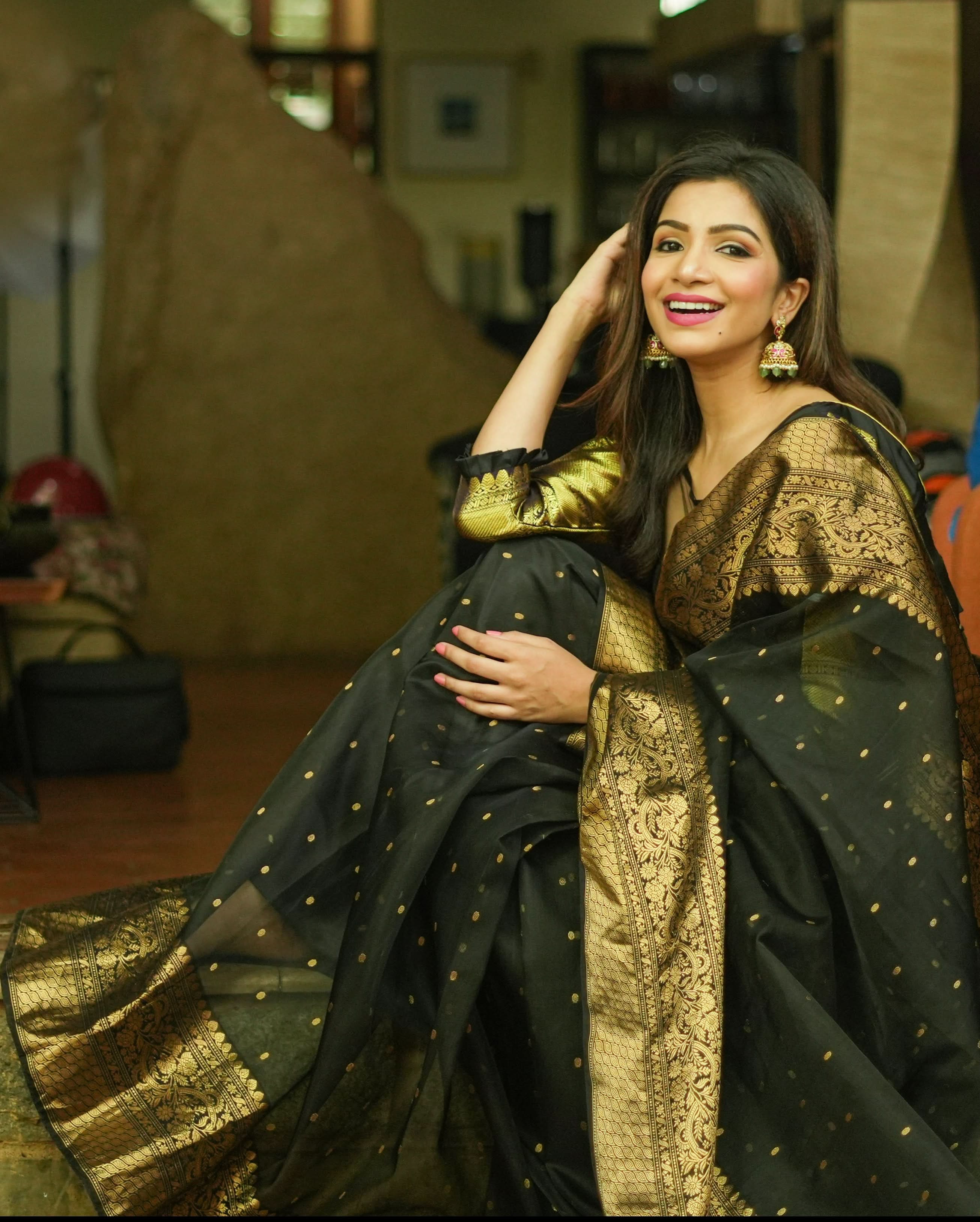 Celebrity Chanderi Silk Saree in Black with Zari chunri Butis and wide zari border | Shobitam - Image 5