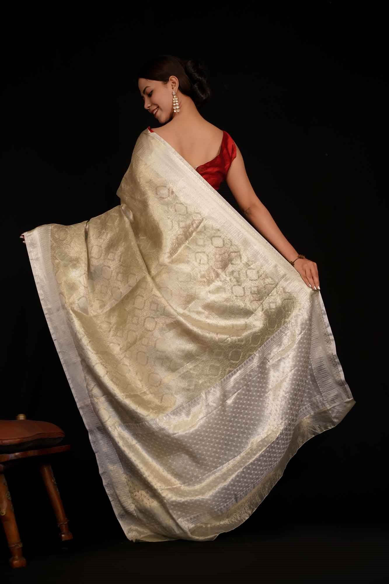 Nayanthara  Inspired Off White Tissue Silk Zari Border Wrap in 1 Minute Saree - Image 5