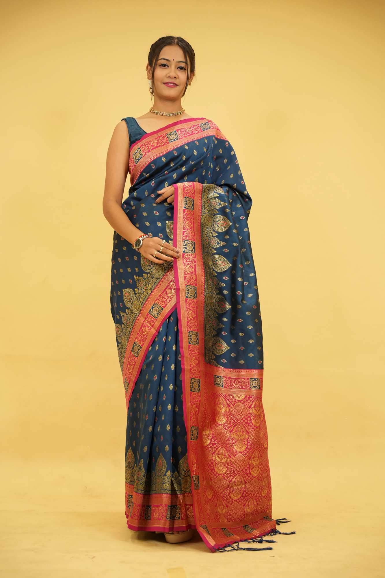 Dharamwaram Weave Prestitched Saree With Ornate Meenakari Detailing – Luxury Ready-to-Wear Elegance - Image 4