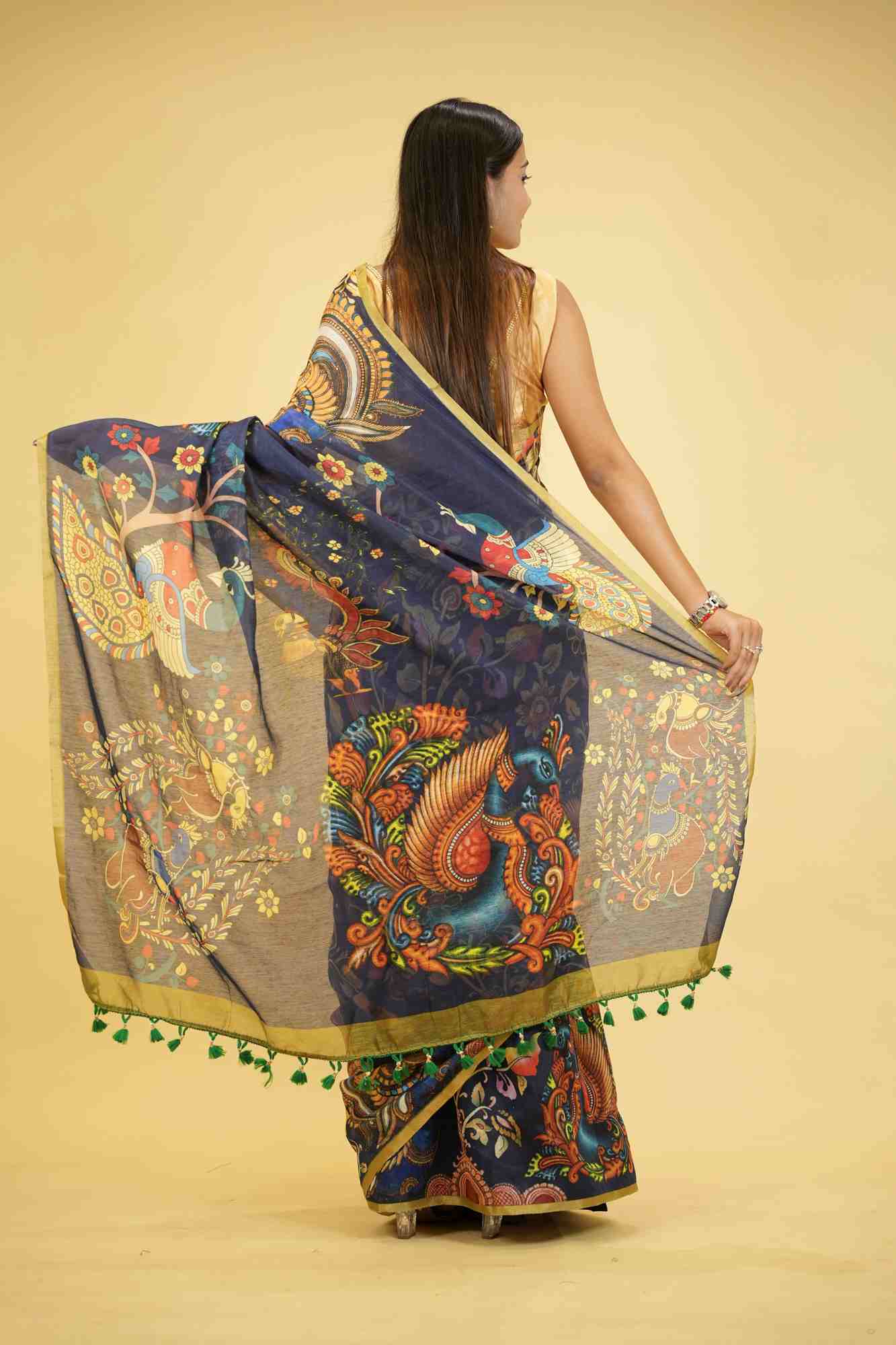 Linen with Digital Kalamkari & Green Border Ready To Wear Saree - Image 5