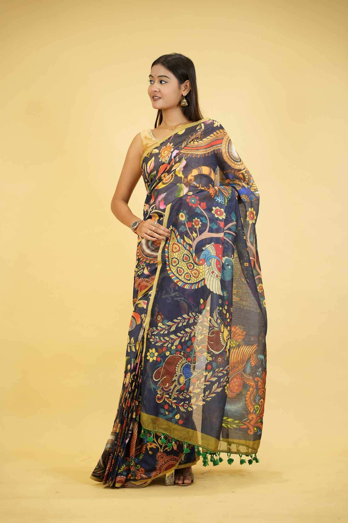 Linen with Digital Kalamkari & Green Border Ready To Wear Saree - Image 7