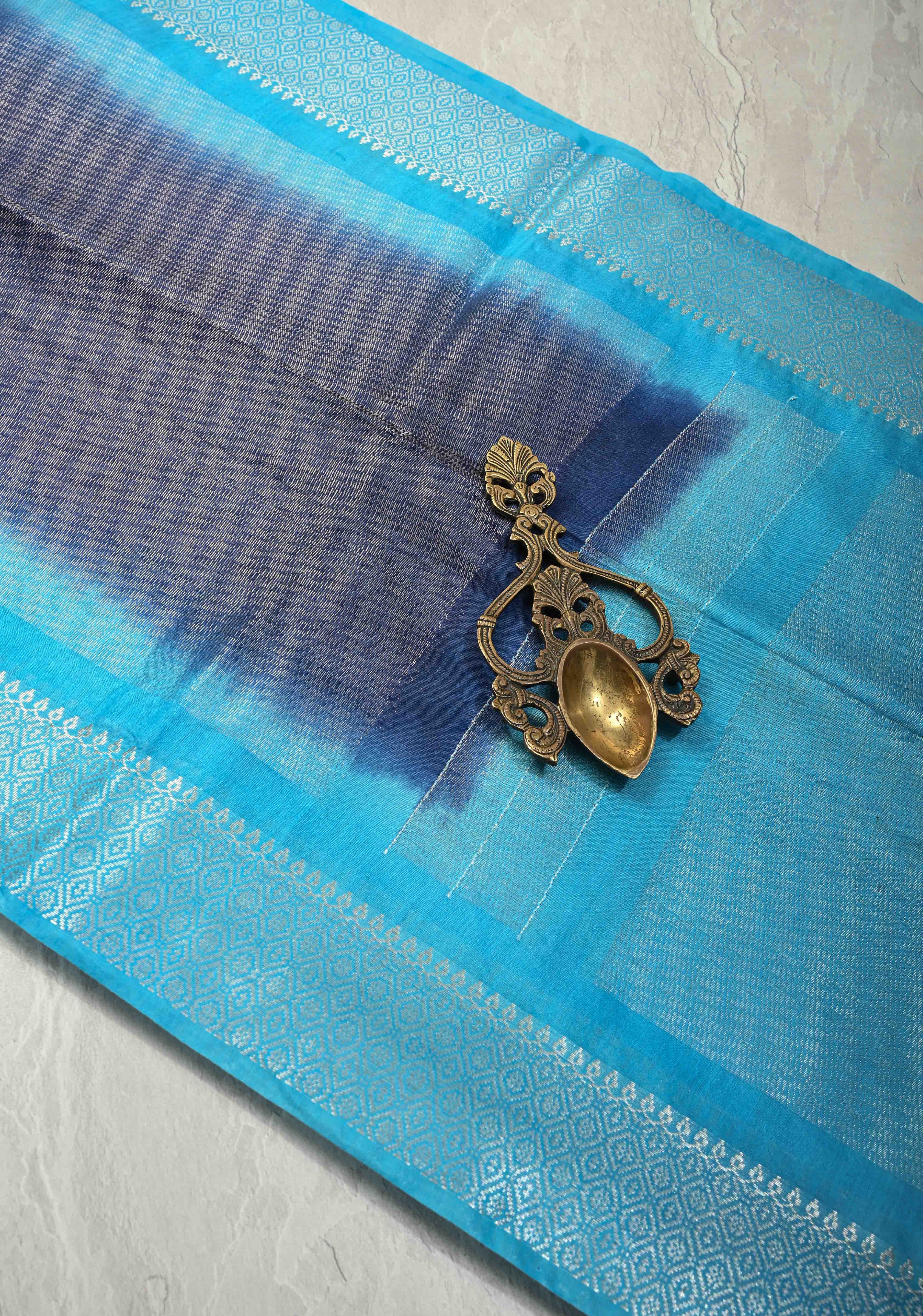 Navy Blue Semi Tussar Tissue Saree with Contrast Silver Zari Border | Shobitam - Image 2