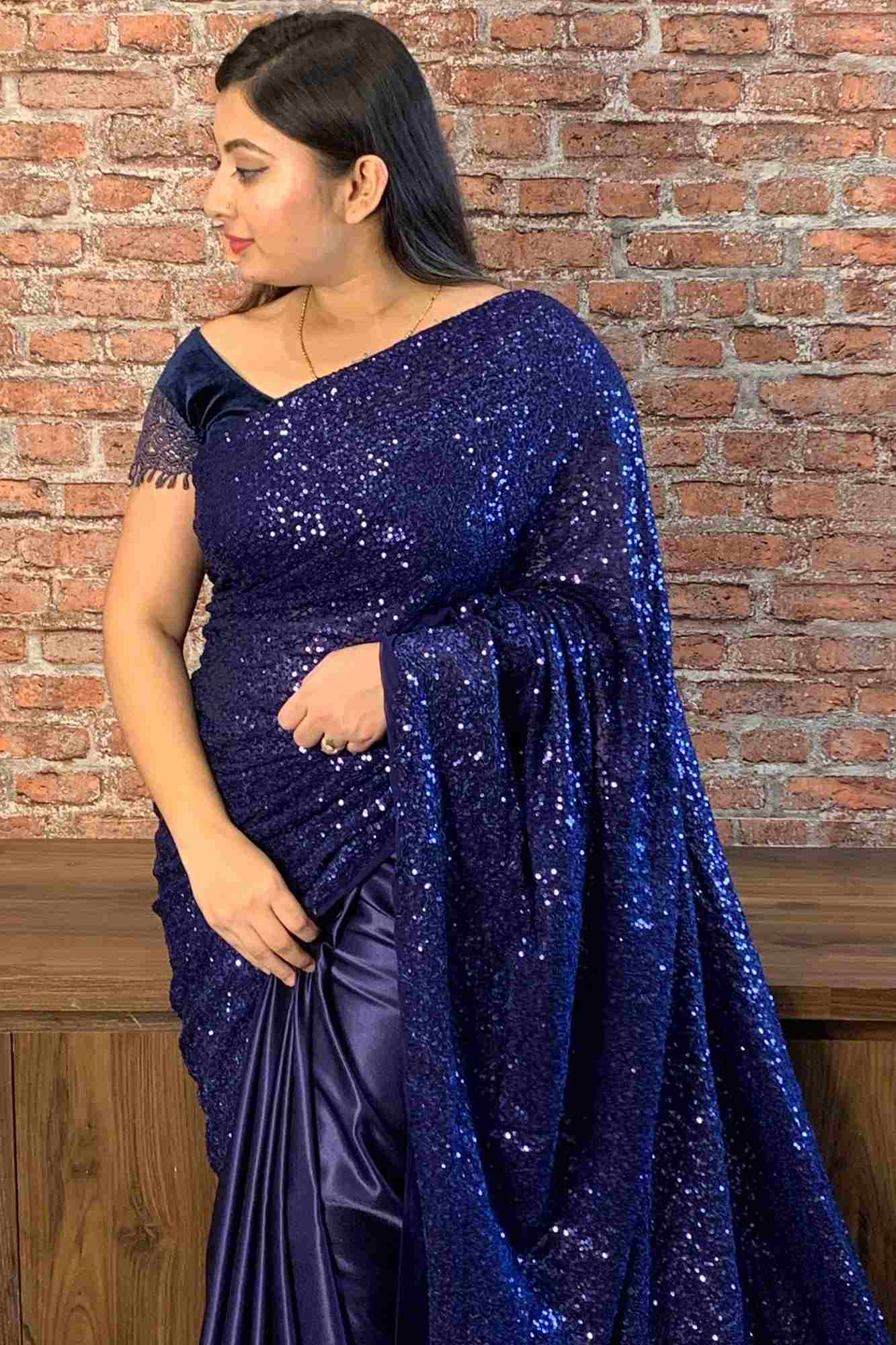 Navy blue sequin and satin wrap in 1 minute saree - Image 3