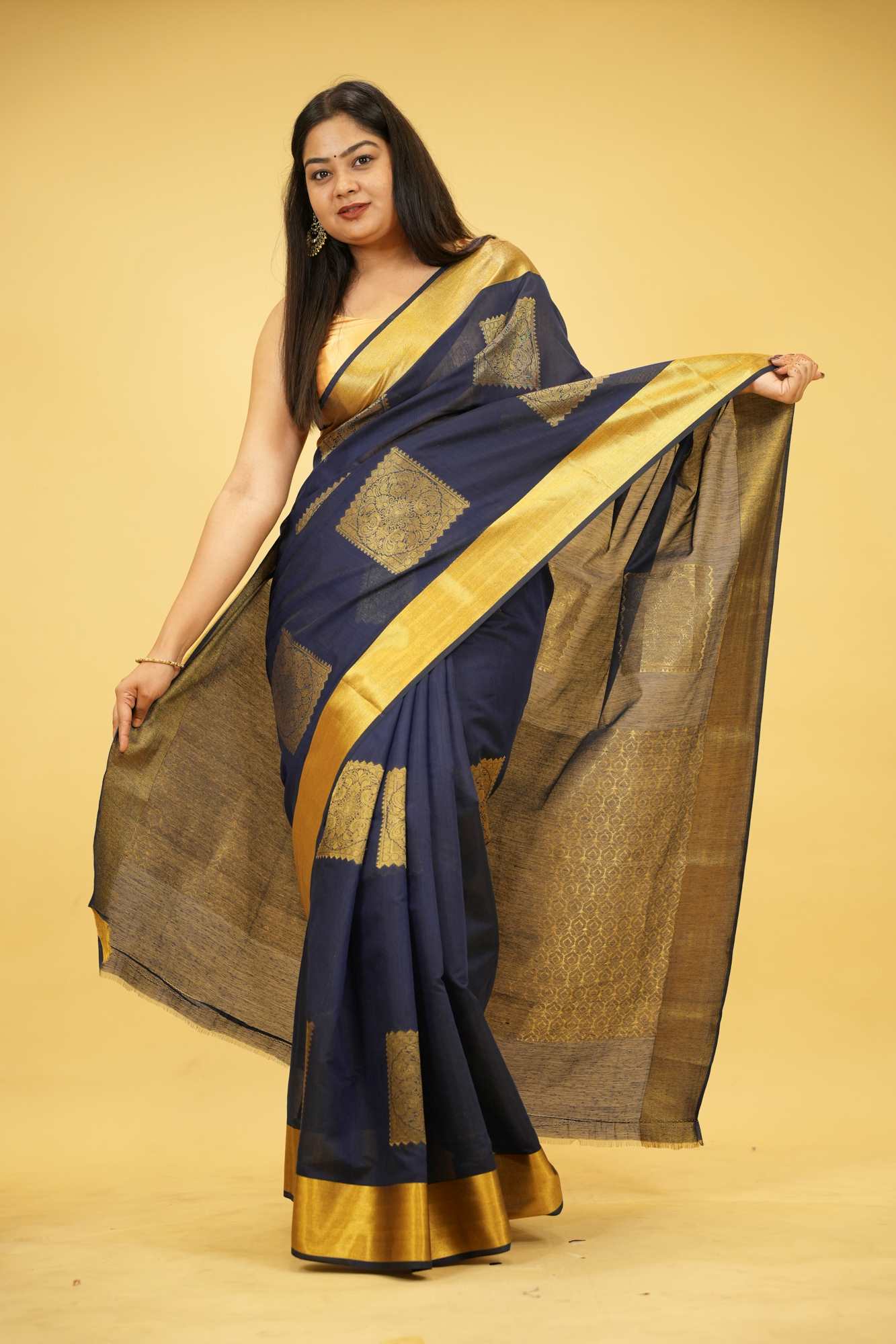 Navy Blue Silk with Golden Woven Buta and Contrast Zari Border Ready To Wear Saree - Image 5