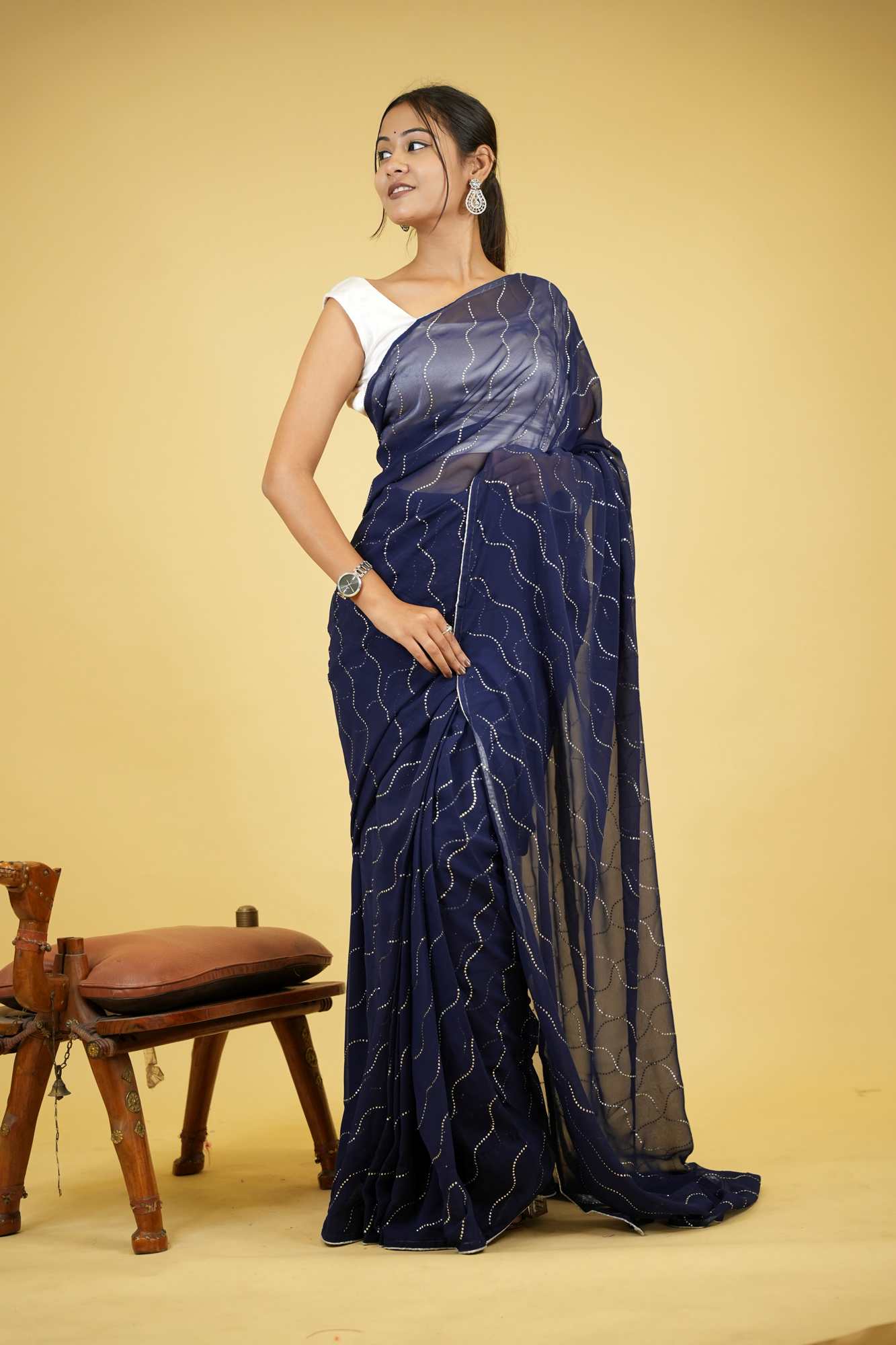 Navy Blue Soft Georgette Wave Embellishments Ready to Wear Saree - Image 2