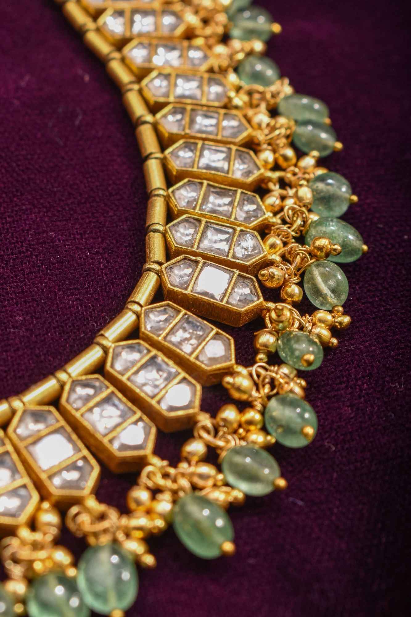 Necklace Jadau Set with White Stones and Dangling Beads | Shobitam Jewelry