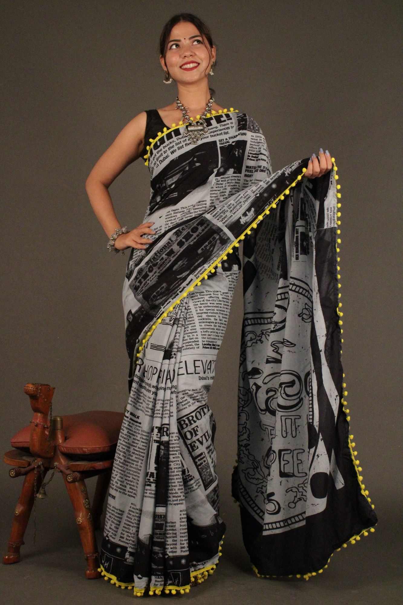 Newspaper Printed mul mul cotton with Pompom Border Wrap in 1 minute saree - Image 2