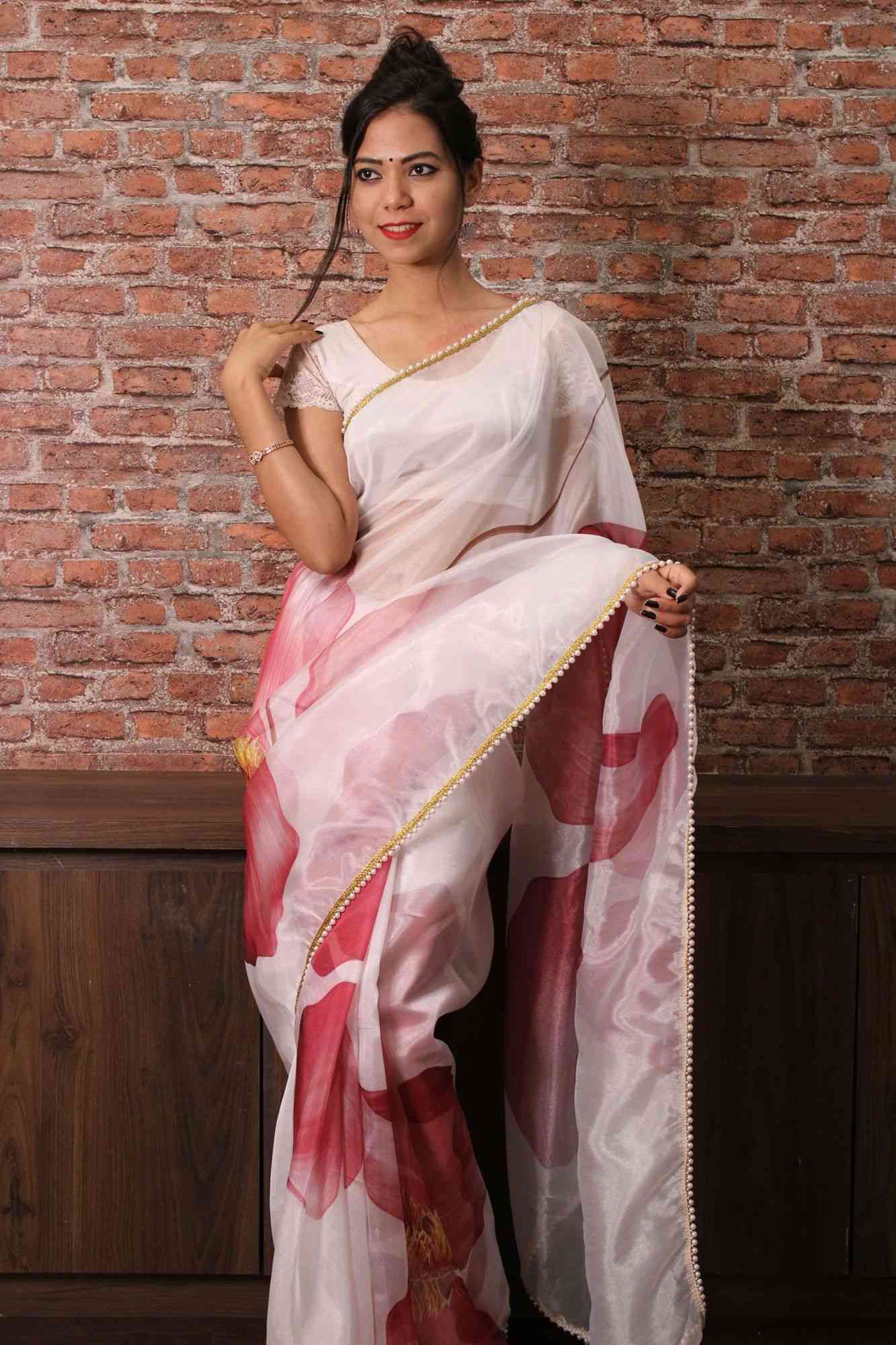 Off white and pink floral organza with moti lace border wrap in 1 minute saree - Image 3