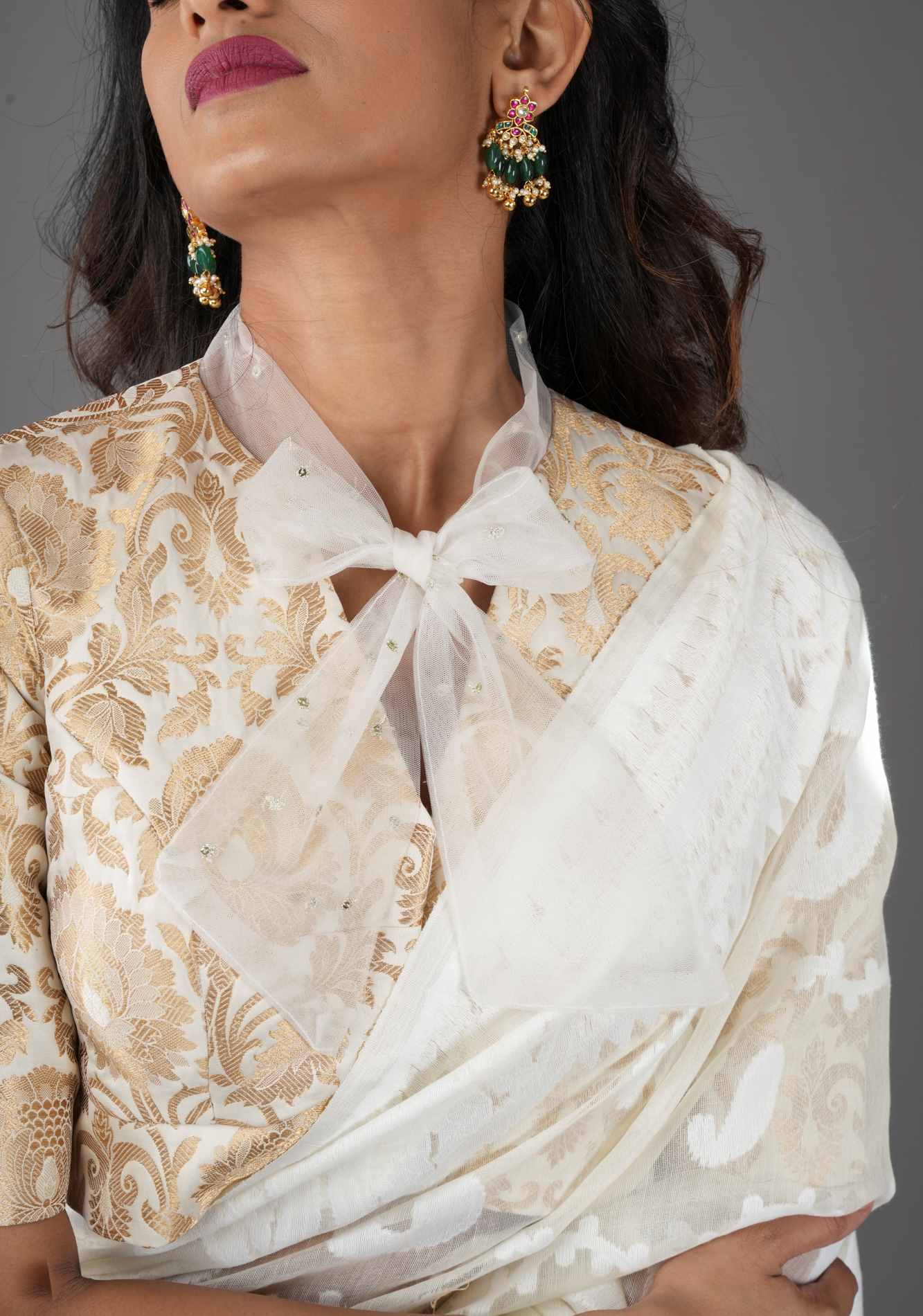 Off White Banarasi Brocade Blouse with Tie Neck, Customizable, Made to Order - Image 3