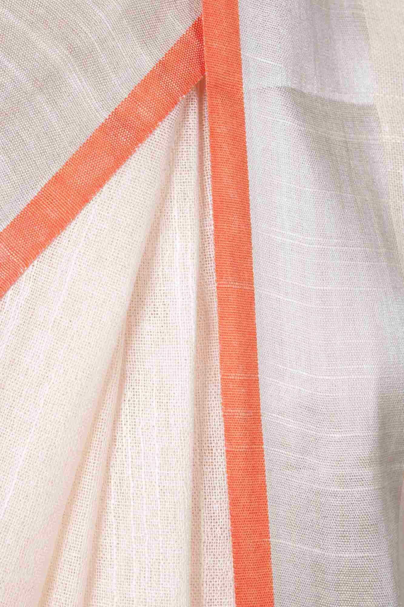 Off white bhagalpuri line with zari & orange tiny border wrap in 1 minute saree - Image 5