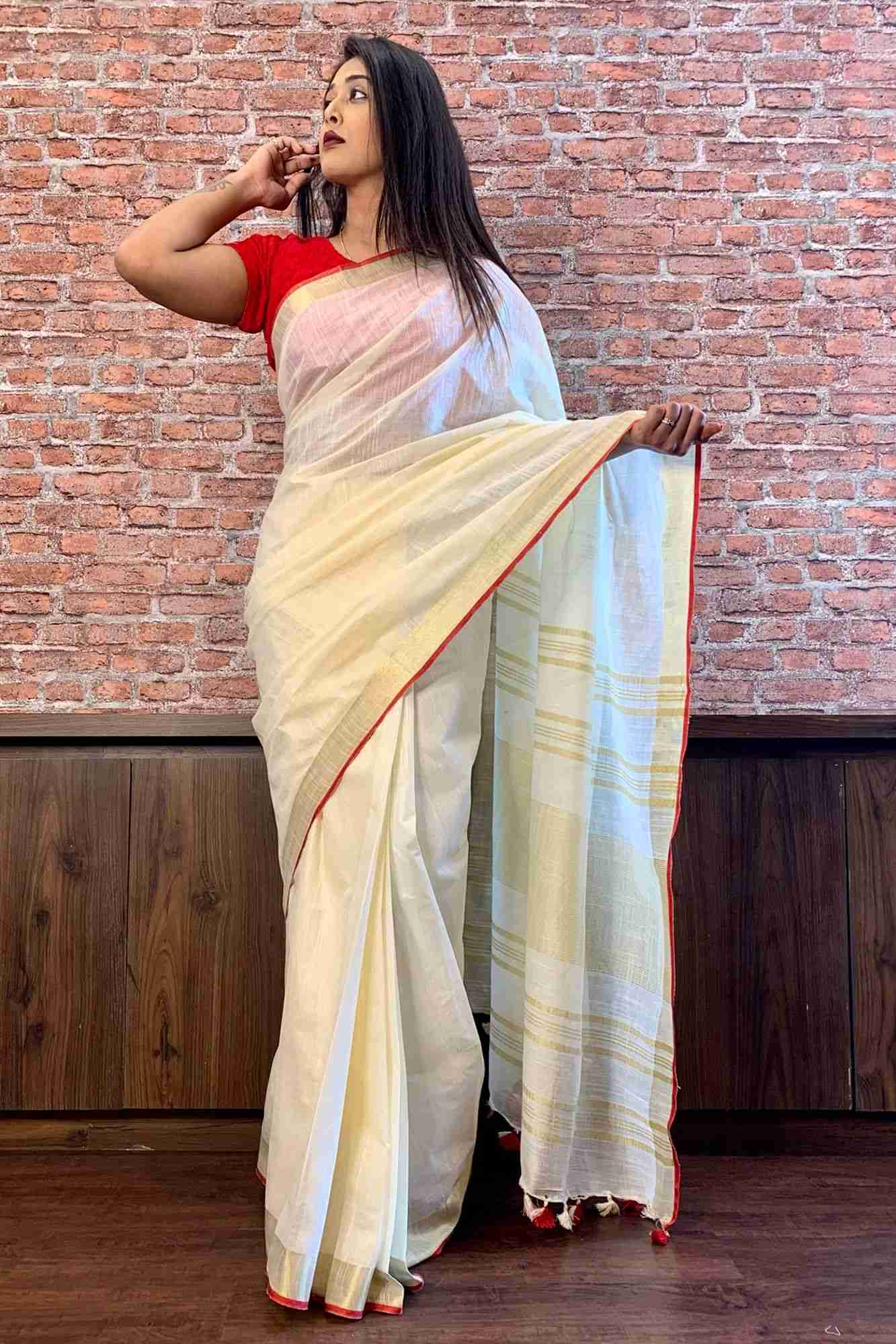 Off white bhagalpuri line with zari & red tiny border wrap in 1 minute saree - Image 5