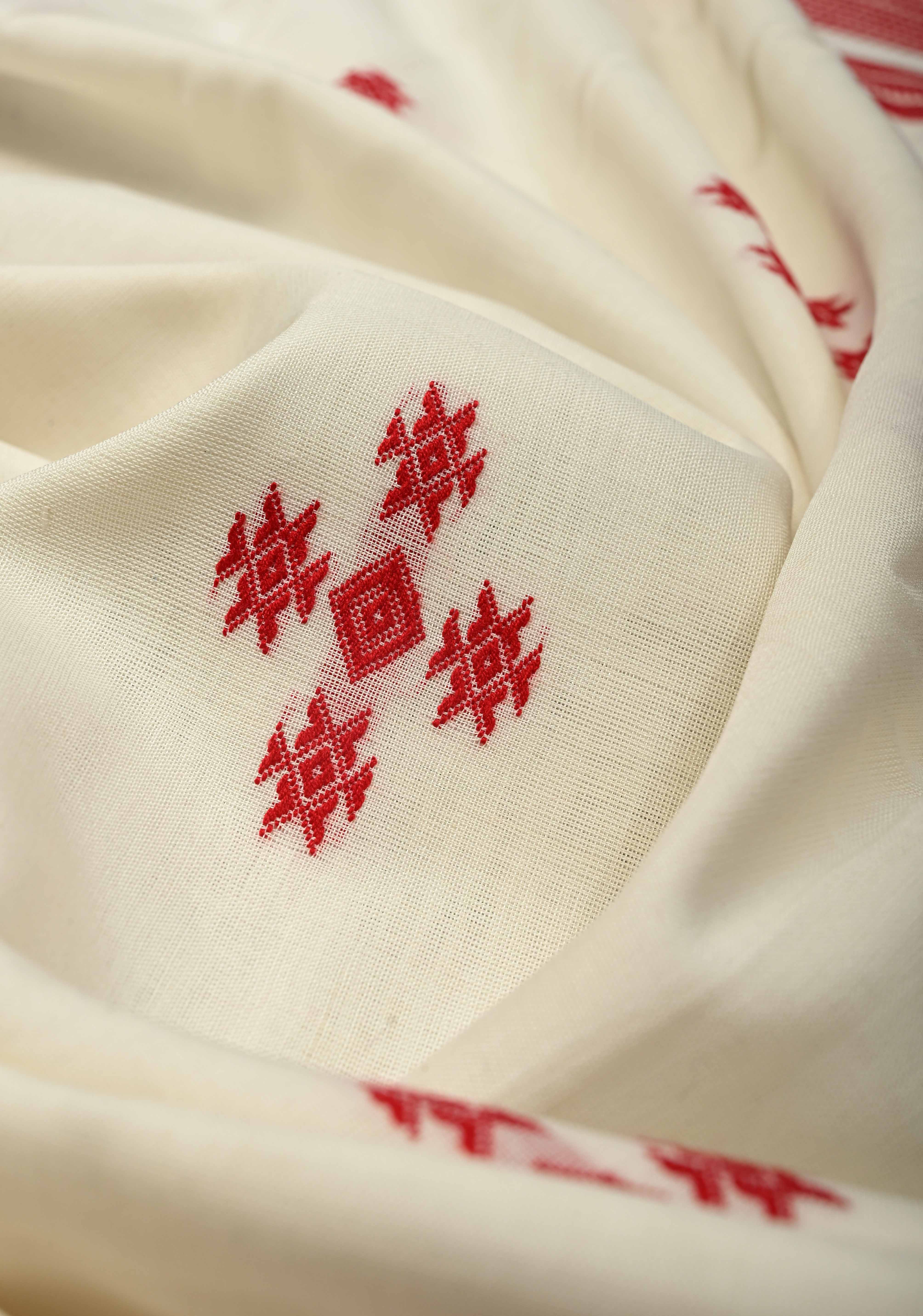 Off White Handloom Bengal Cotton Saree with Resham Buttas and Contrast Borders | Shobitam - Image 6
