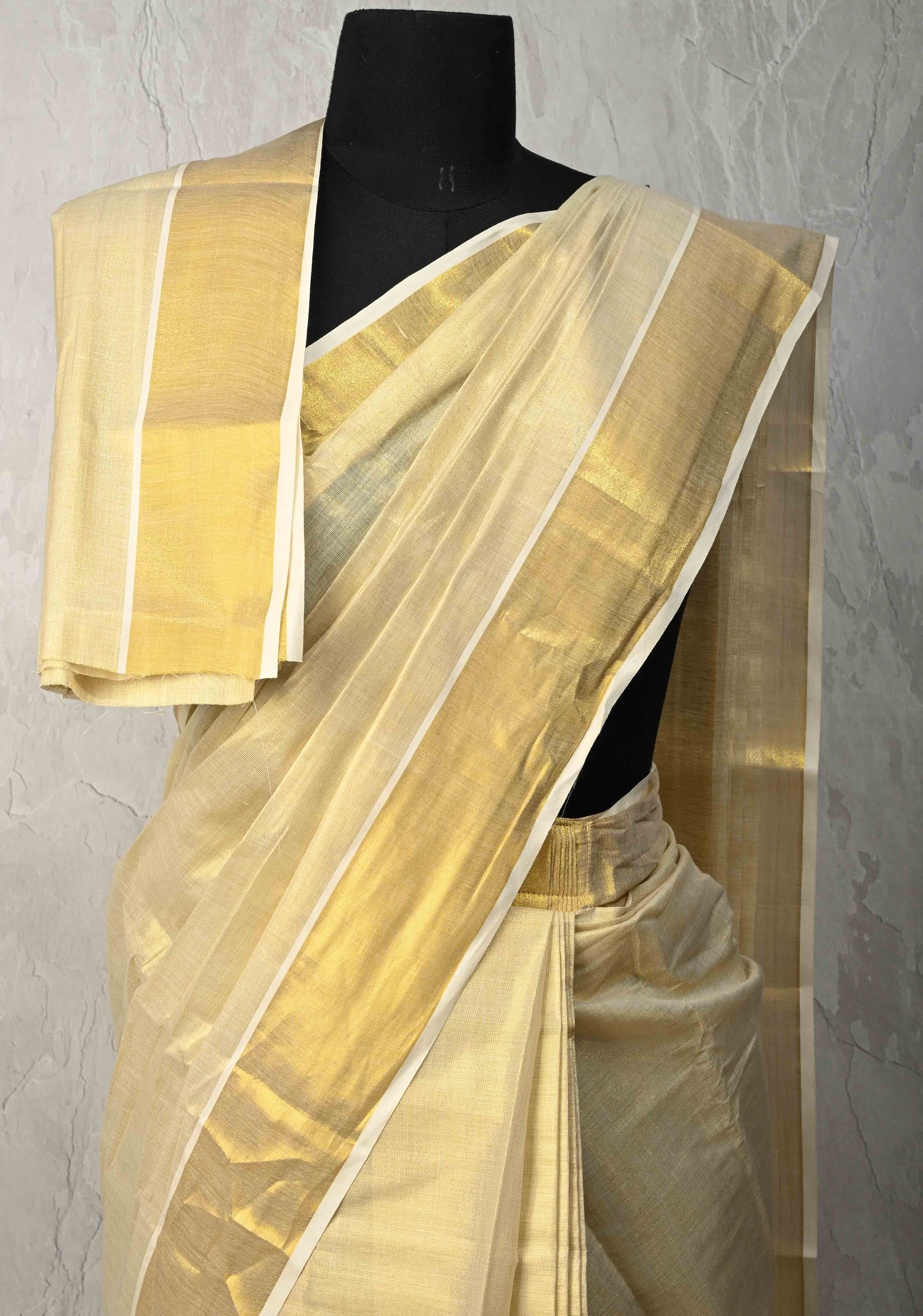Off White Pre Stitch Adjustable Kerala Kasavu Cotton Tissue Saree with Zari Borders and pocket | Shobitam - Image 6