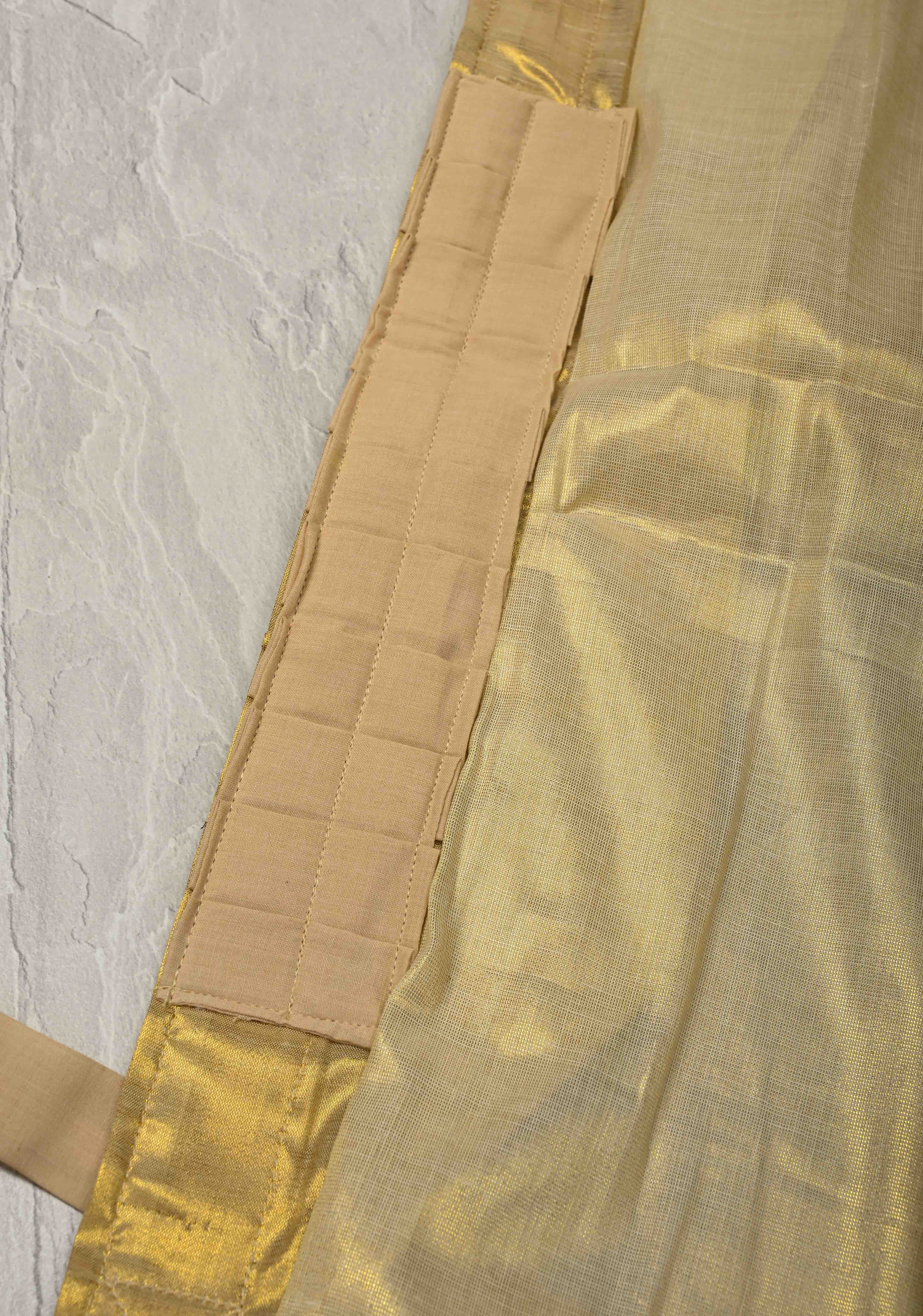 Off White Pre Stitch Adjustable Kerala Kasavu Cotton Tissue Saree with Zari Borders and pocket | Shobitam - Image 9