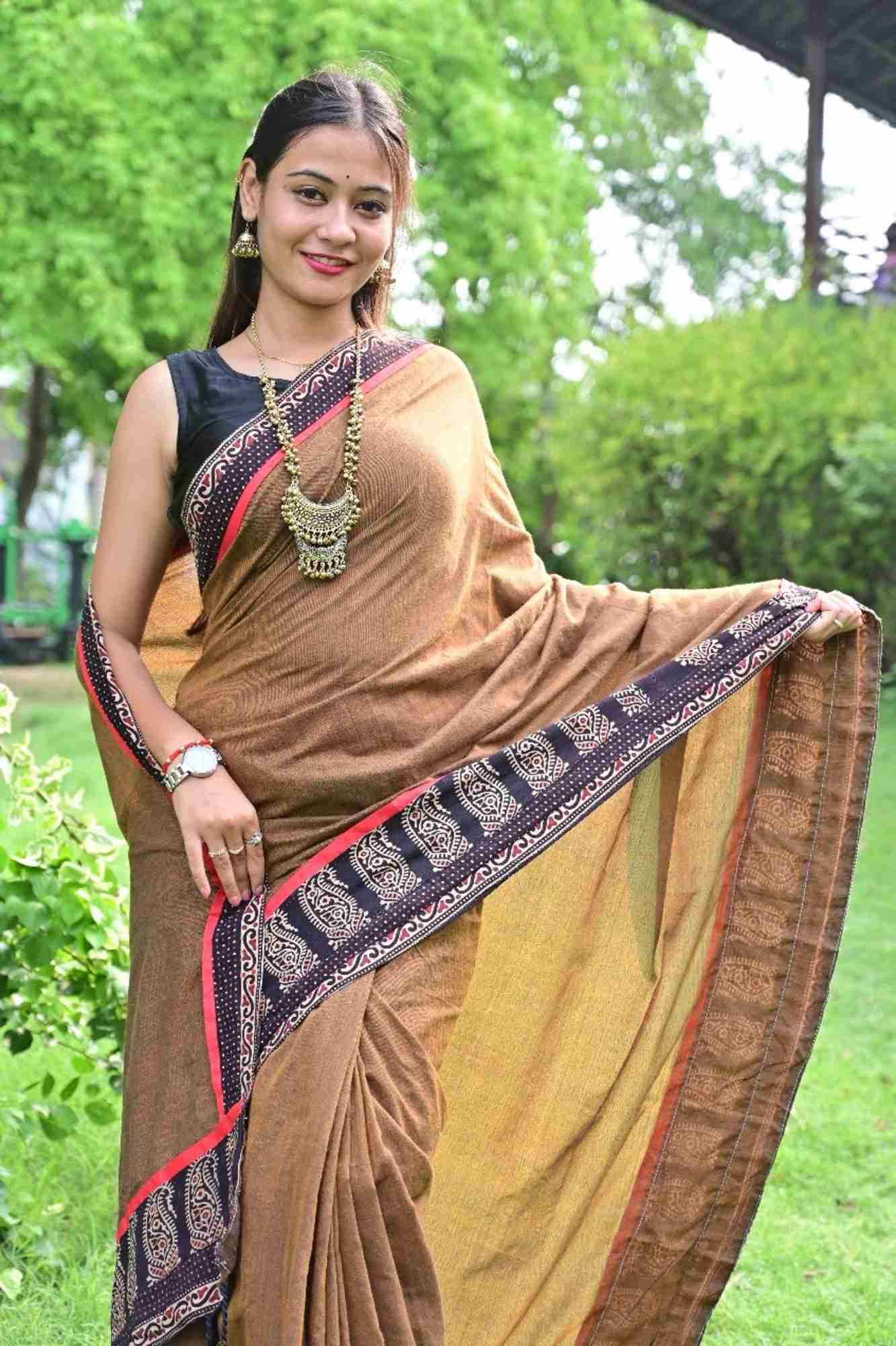 Olive Brown Cotton with Contrasting Black Ajrakh Border Ready To Wear Saree - Image 6