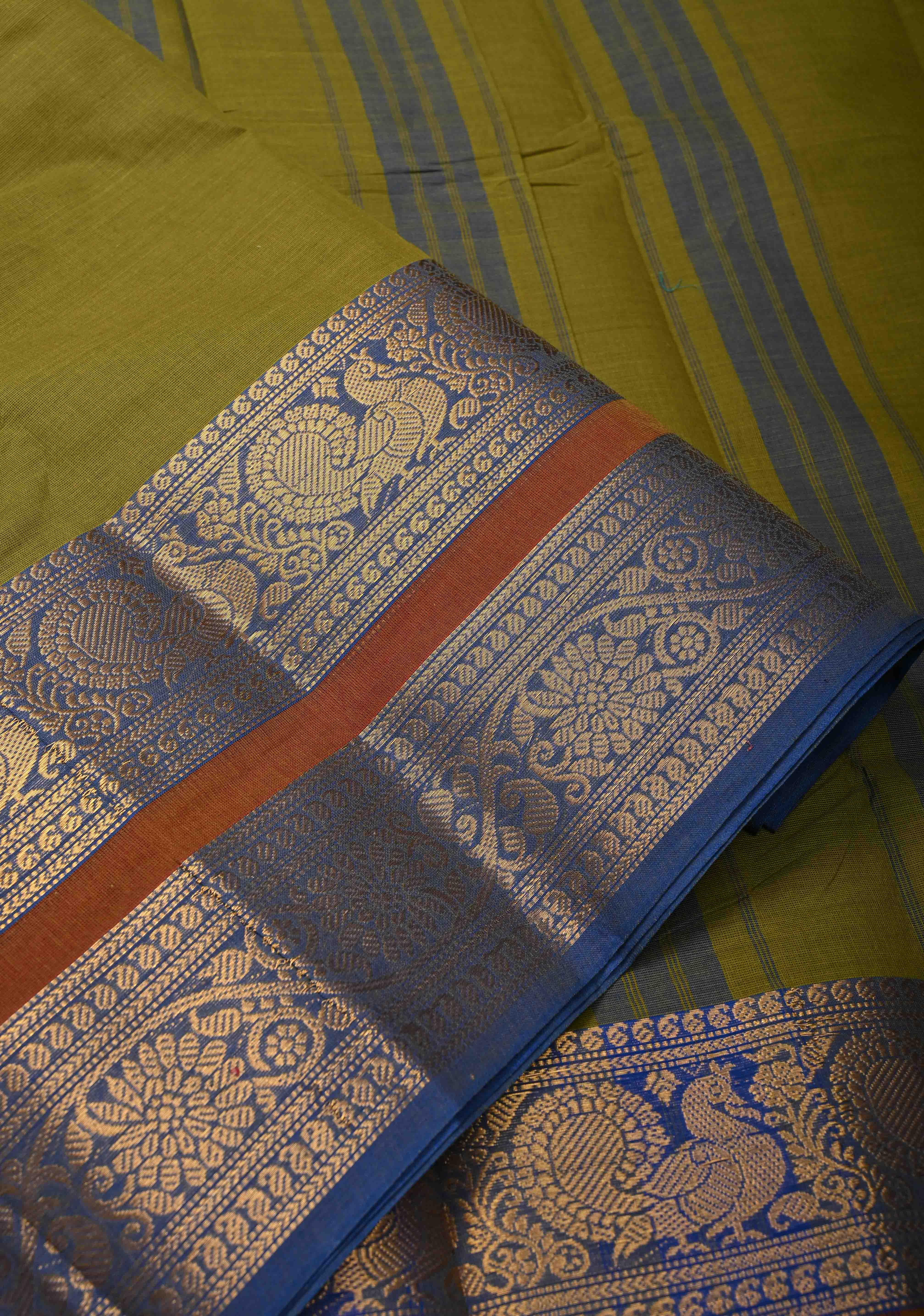 Olive Green Kanchi Cotton Saree with Contrast Zari Border | No Blouse piece | Shobitam - Image 8