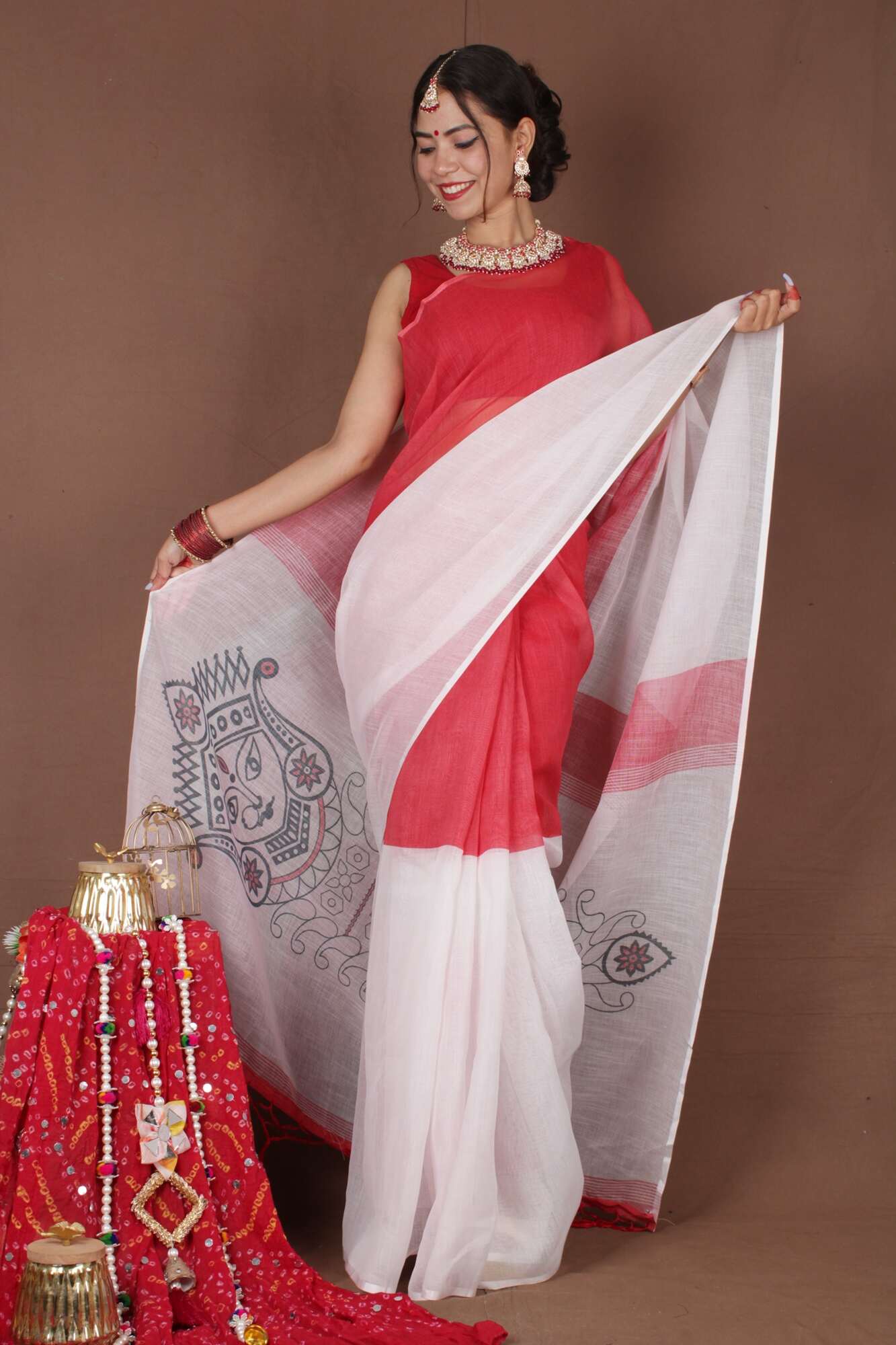 One Minute Bengal Tant Red & White Ready to Wear Saree - Image 3