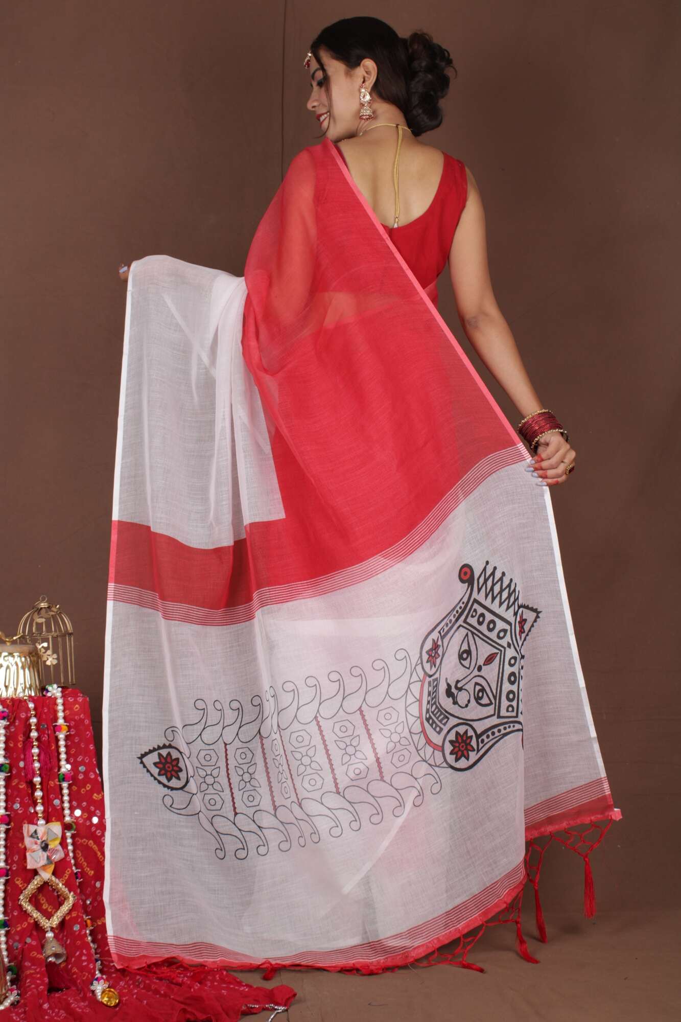 One Minute Bengal Tant Red & White Ready to Wear Saree - Image 4