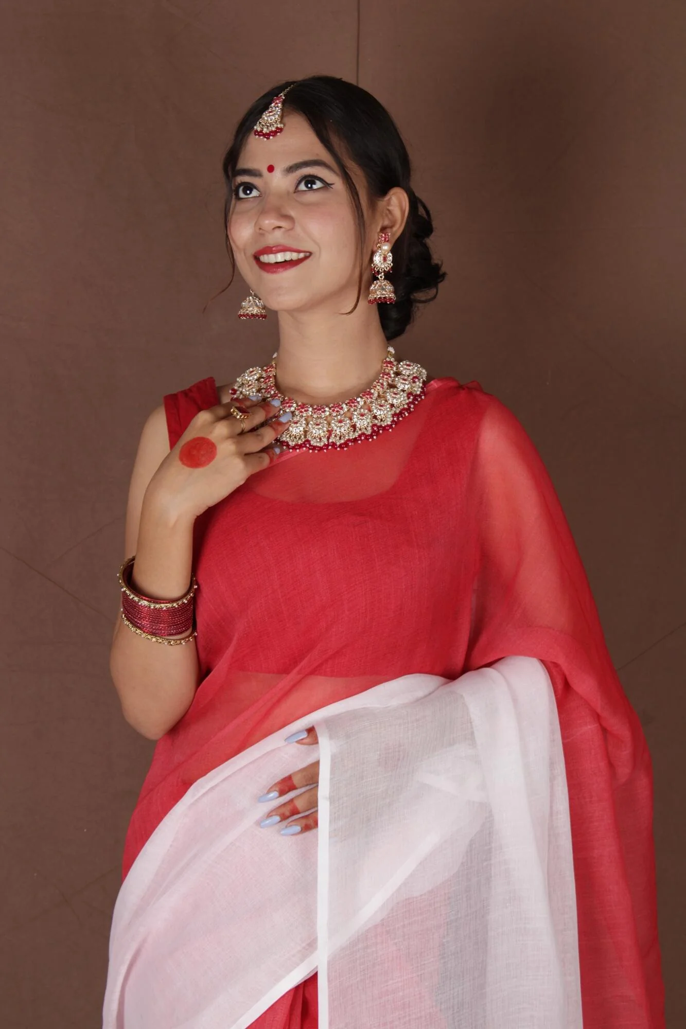One Minute Bengal Tant Red & White Ready to Wear Saree - Image 5