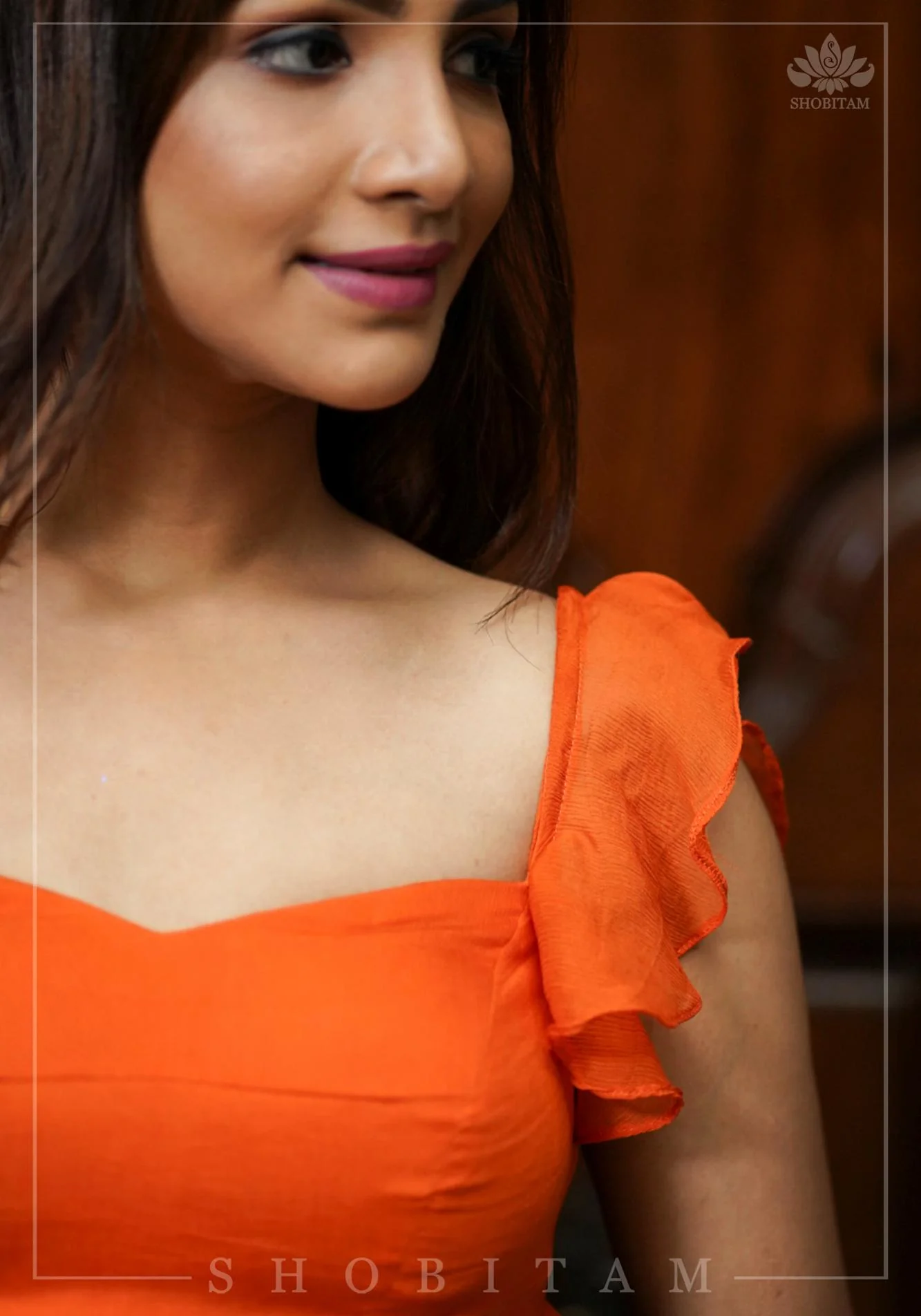 Orange chiffon sweetheart neck blouse with ruffle sleeves - Image 3