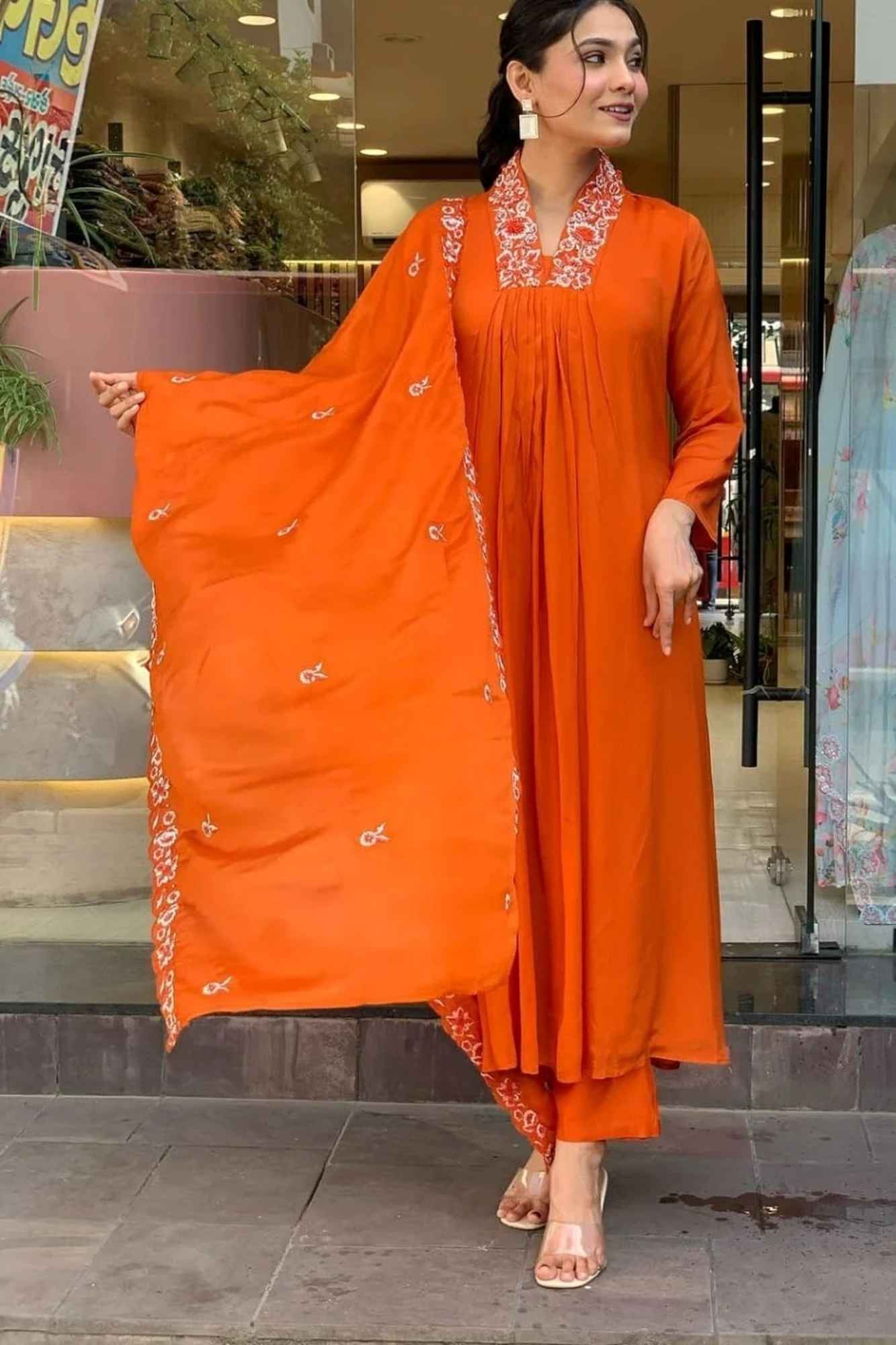 Orange Cotton Kurti Pant Dupatta Set with Elegant Embroidery - Image 3