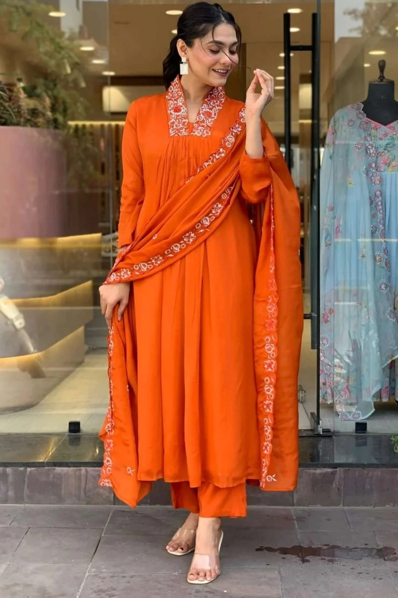 Orange Cotton Kurti Pant Dupatta Set with Elegant Embroidery - Image 4