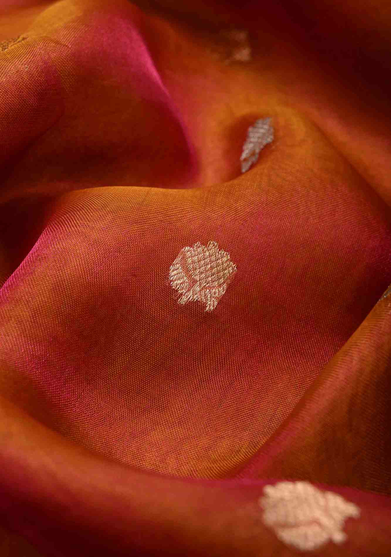Orange Dual tone Organza Silk Saree with Sona Rupa Zari Buttas and Lace Trim Border | SILK MARK CERTIFIED Ready To Wear Saree - Image 10