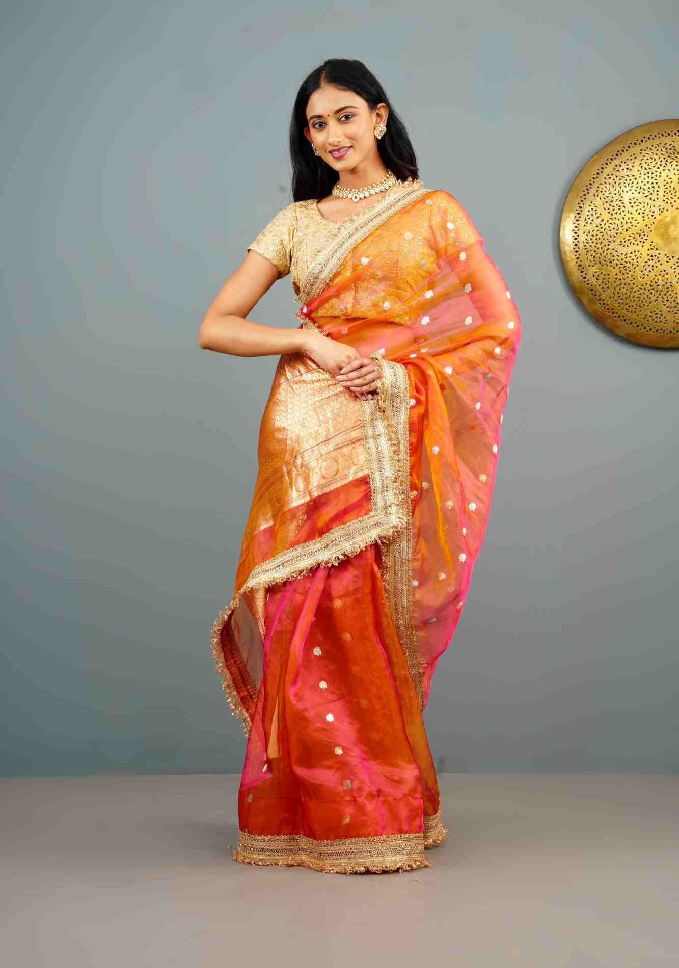 Orange Dual tone Organza Silk Saree with Sona Rupa Zari Buttas and Lace Trim Border | SILK MARK CERTIFIED Ready To Wear Saree - Image 2