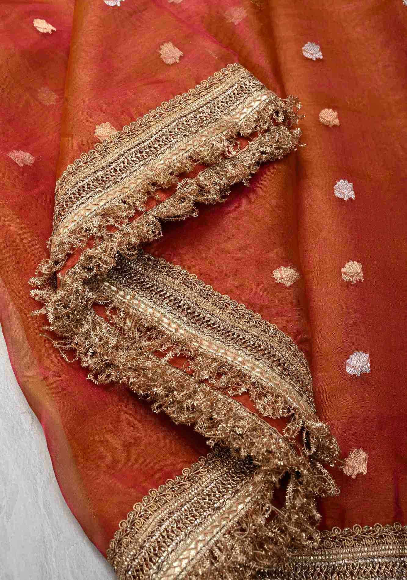 Orange Dual tone Organza Silk Saree with Sona Rupa Zari Buttas and Lace Trim Border | SILK MARK CERTIFIED Ready To Wear Saree - Image 5