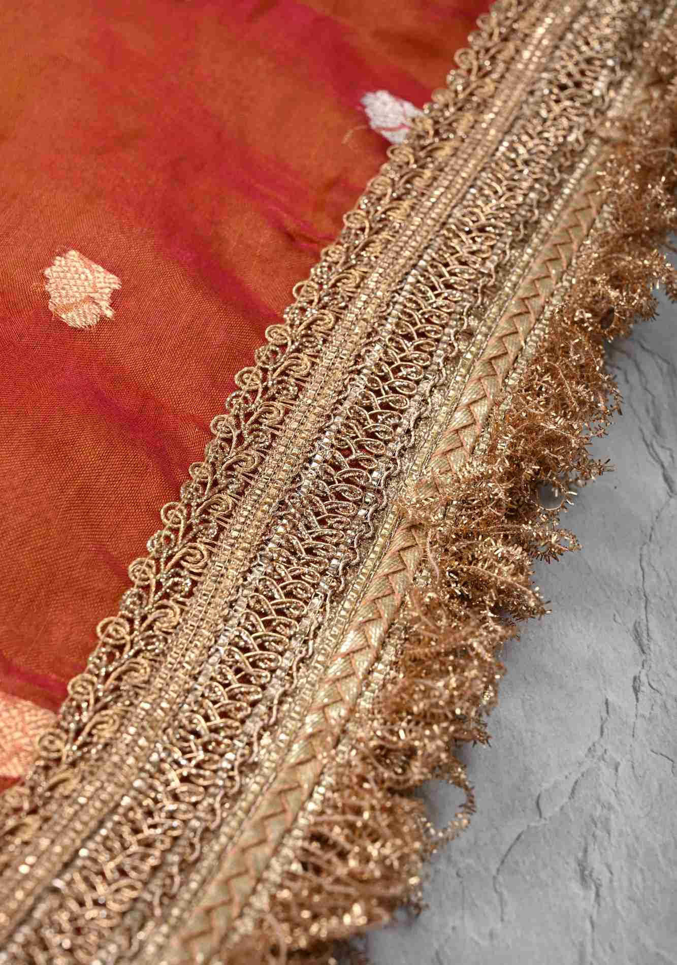 Orange Dual tone Organza Silk Saree with Sona Rupa Zari Buttas and Lace Trim Border | SILK MARK CERTIFIED Ready To Wear Saree - Image 9