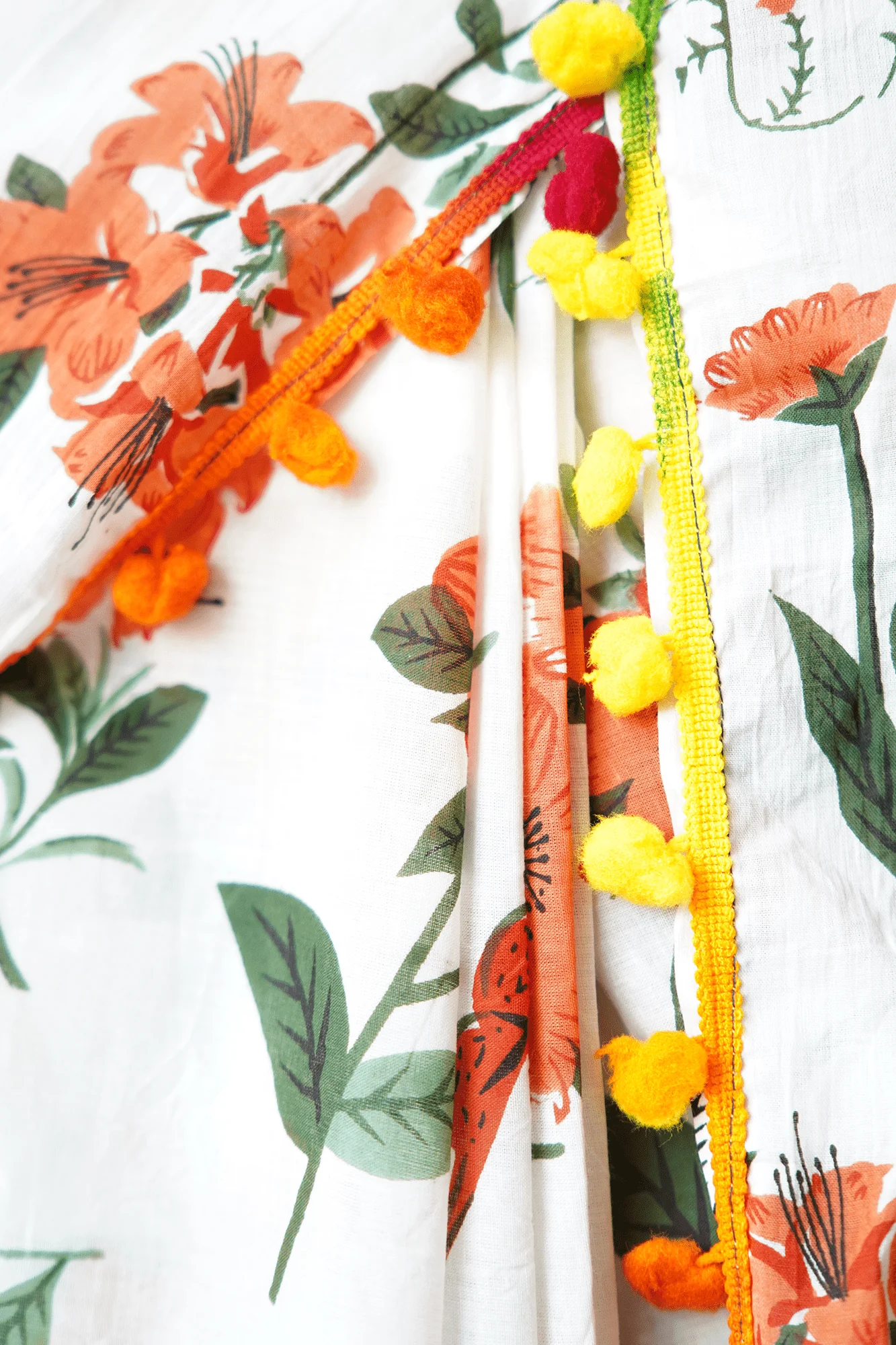 Orange Floral Printed Cotton Mulmul with Pompom Border Wrap in 1 minute saree - Image 5
