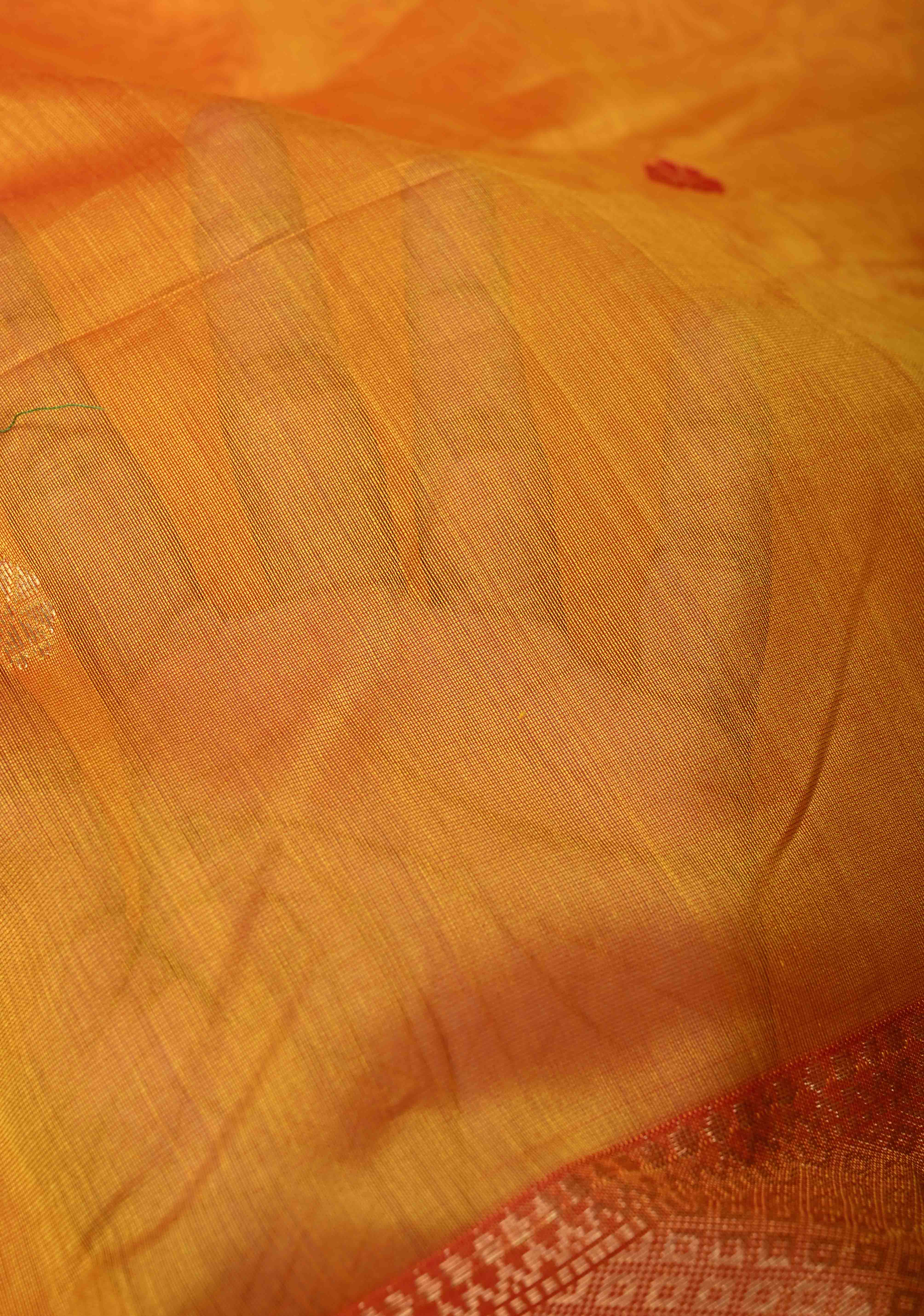 Yellowish Orange Dual Tone Handwoven Maheshwari Silk Cotton Saree with Resham Buttas and Contrast Border - Image 5