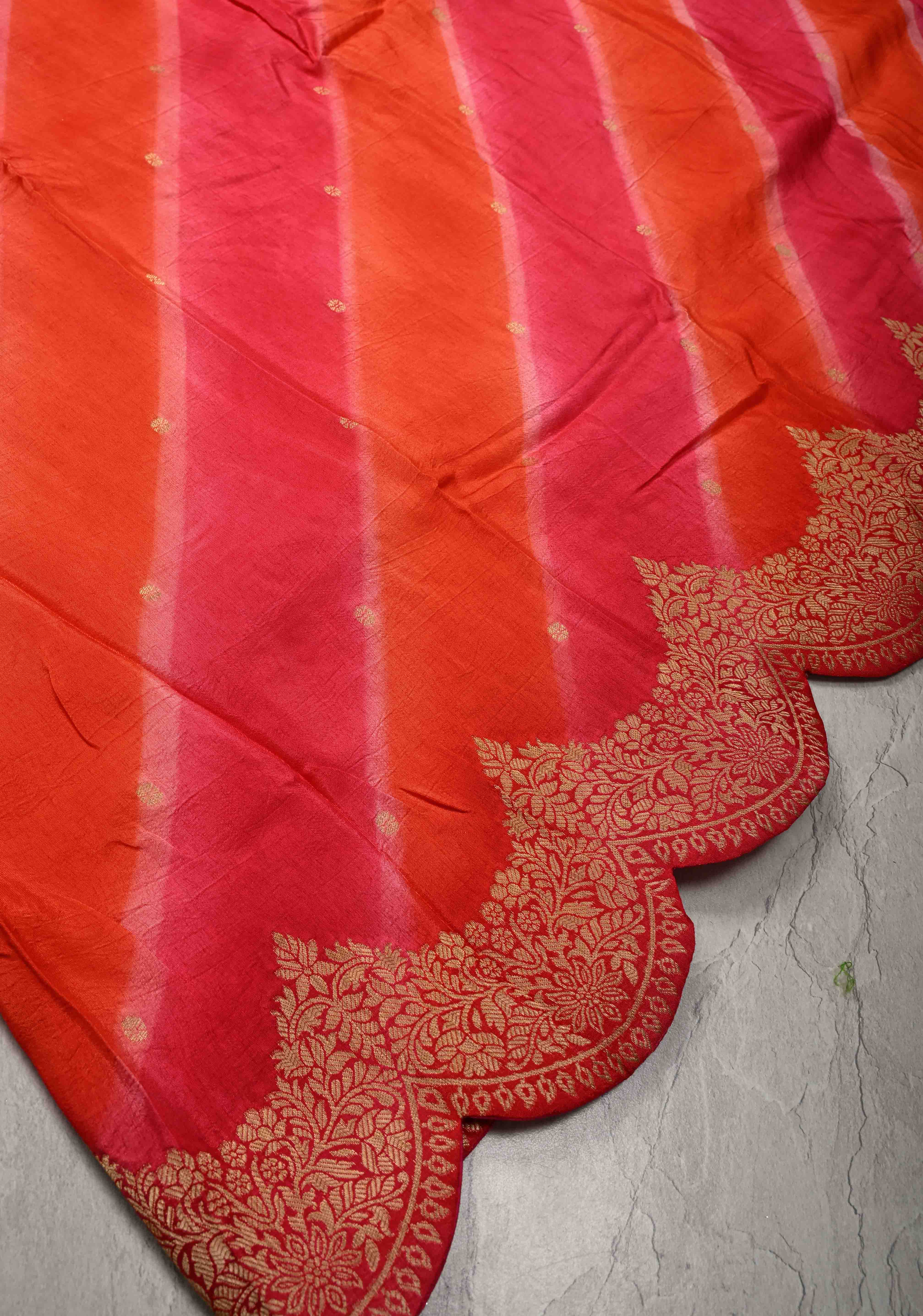 Orange-Pink Leheria Pattern on Vegan Soft Silk Saree with Zari Buttas and Scallop Border | Shobitam - Image 6