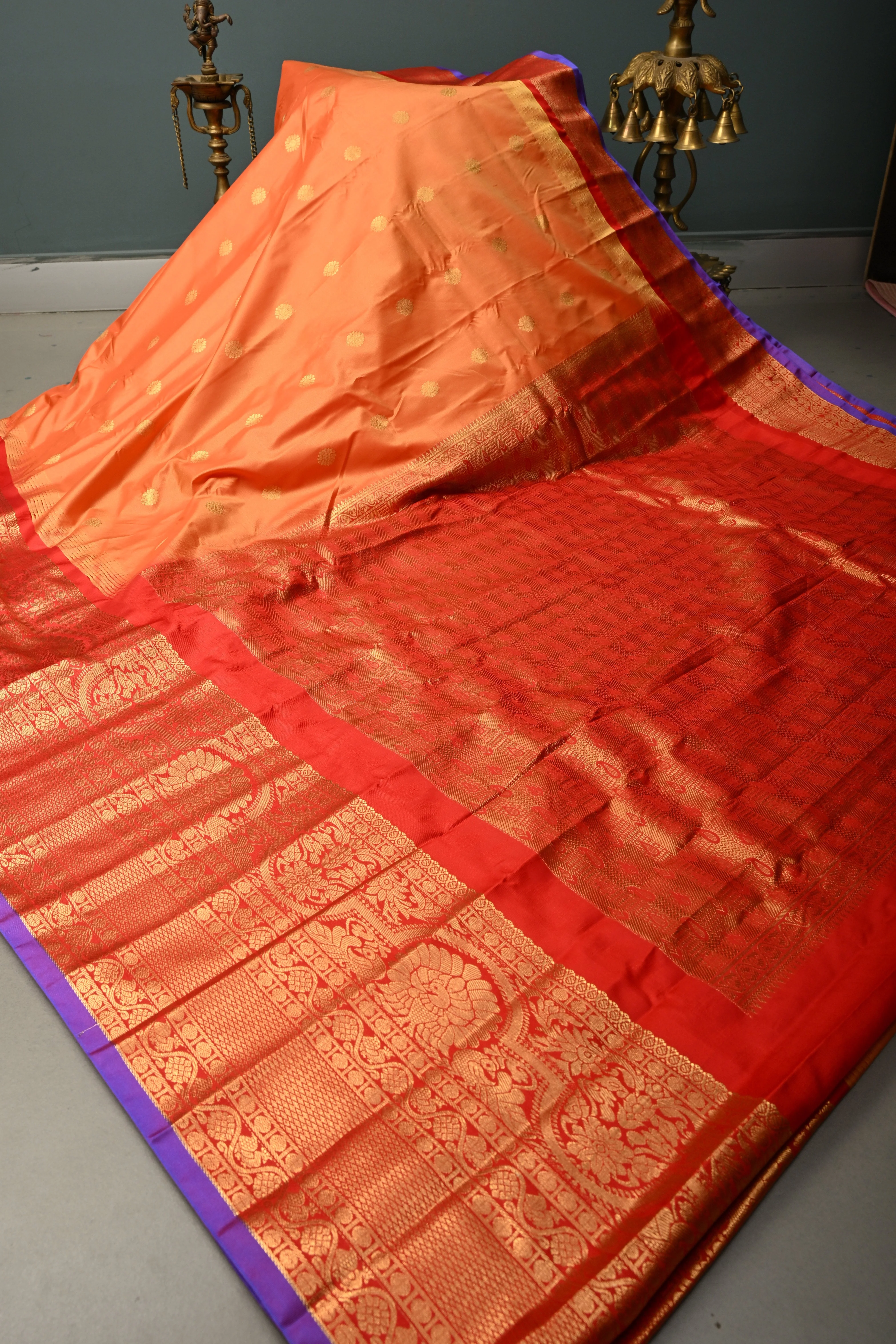 Orange Semi Gadwal Silk Saree with Floral Zari Buttas and Contrast Zari Border | Shobitam - Image 2